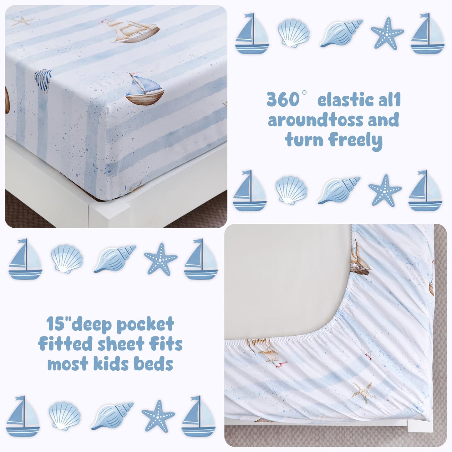 Nautical Boat Printed Twin Sheet Set for Boys,3 Pieces Sailboat Bed Sheet with Pillowcase 15-Inch Deep Pocket Fitted Sheet,Soft Microfiber Shell Starfish Bedding Set for Kids Toddlers Decor Bedroom