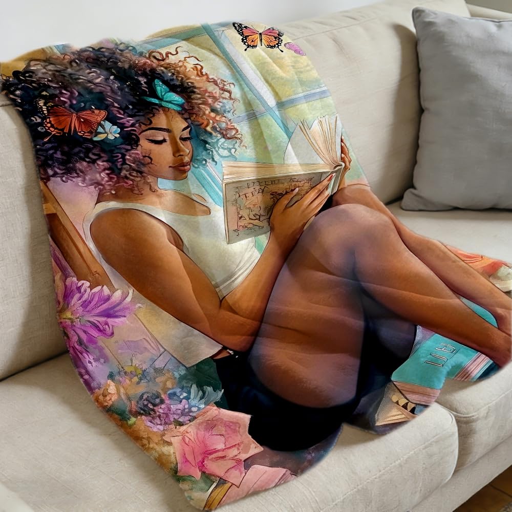 ZHOUSHUTONG Black Girl Reading Throw Blanket African American Girl Print Gifts for Book Lovers Reader Black Women Super Soft Warm Cozy Flannel Blanket for Couch Bedroom Decor 49"x59"