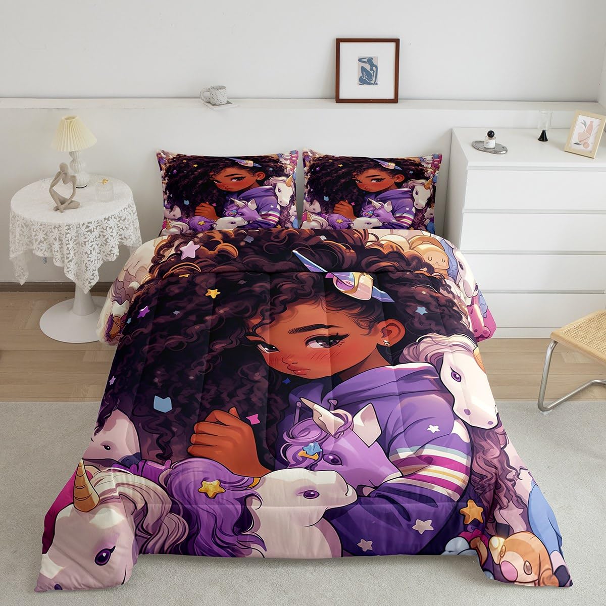 Erosebridal Black Hair Girls Bedding Set Cartoon Unicorn Twin Comforter Set,American African Kids Quilt Cute Afro Melanin Princess Down Comforter,Magical Animal Dreamy Horse Rainbow Room Decor