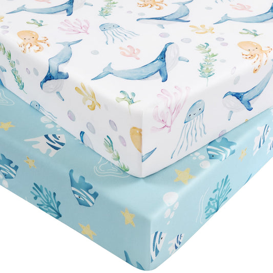 Nyessmee Pack and Play Sheets for Boys Girls, 38" x 26" Mini Crib Sheets Fitted for Pack n Play Mattress, Soft Breathable Playard Sheets, 2-Pack Blue Ocean
