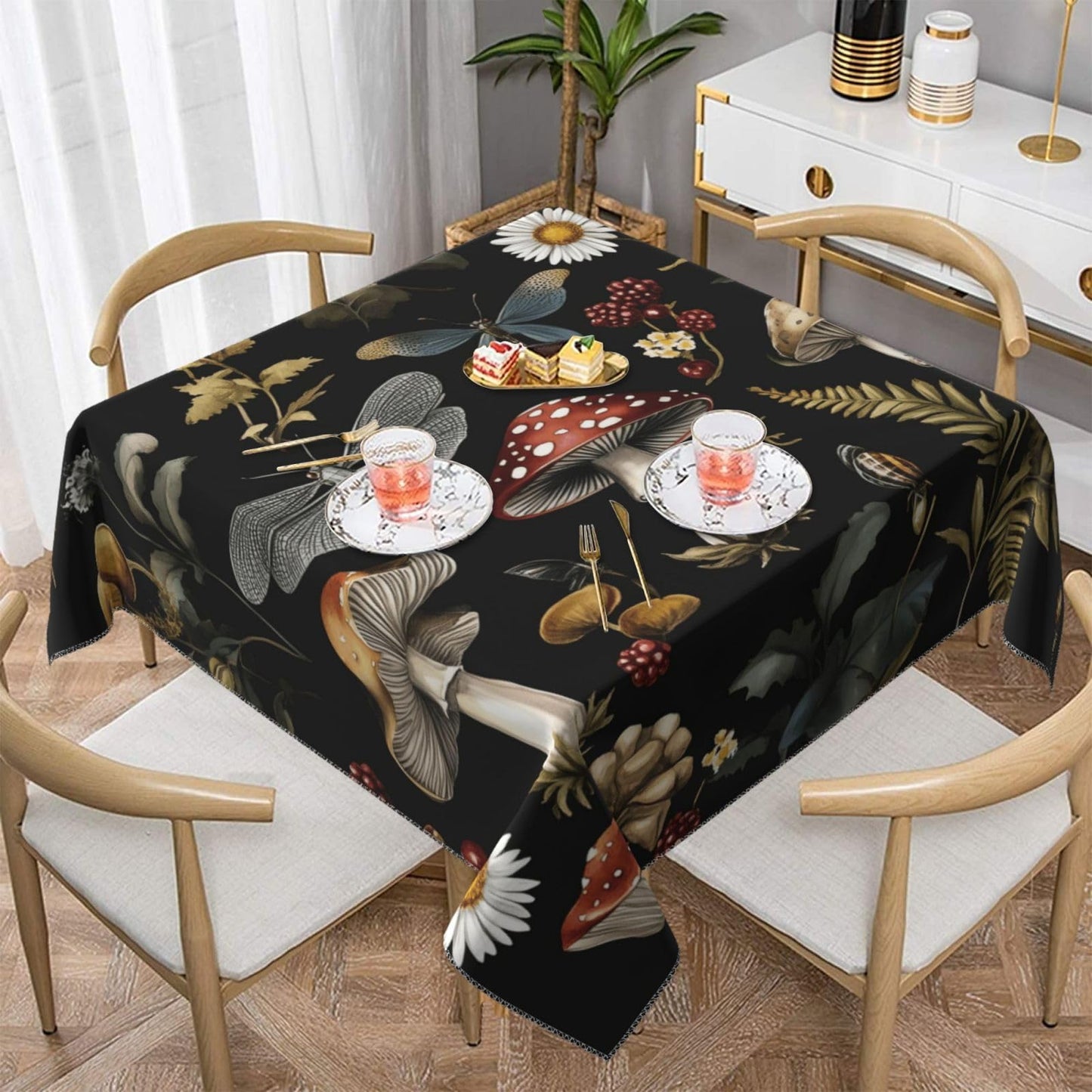 Entemne Square Table Cloth 55x55 Inch Forest Mushroom Weed Floral Tablecloth Washable Soft Wrinkle Free Dust Proof Card Table Cover for Tea Party Picnic Kitchen Dining Decor