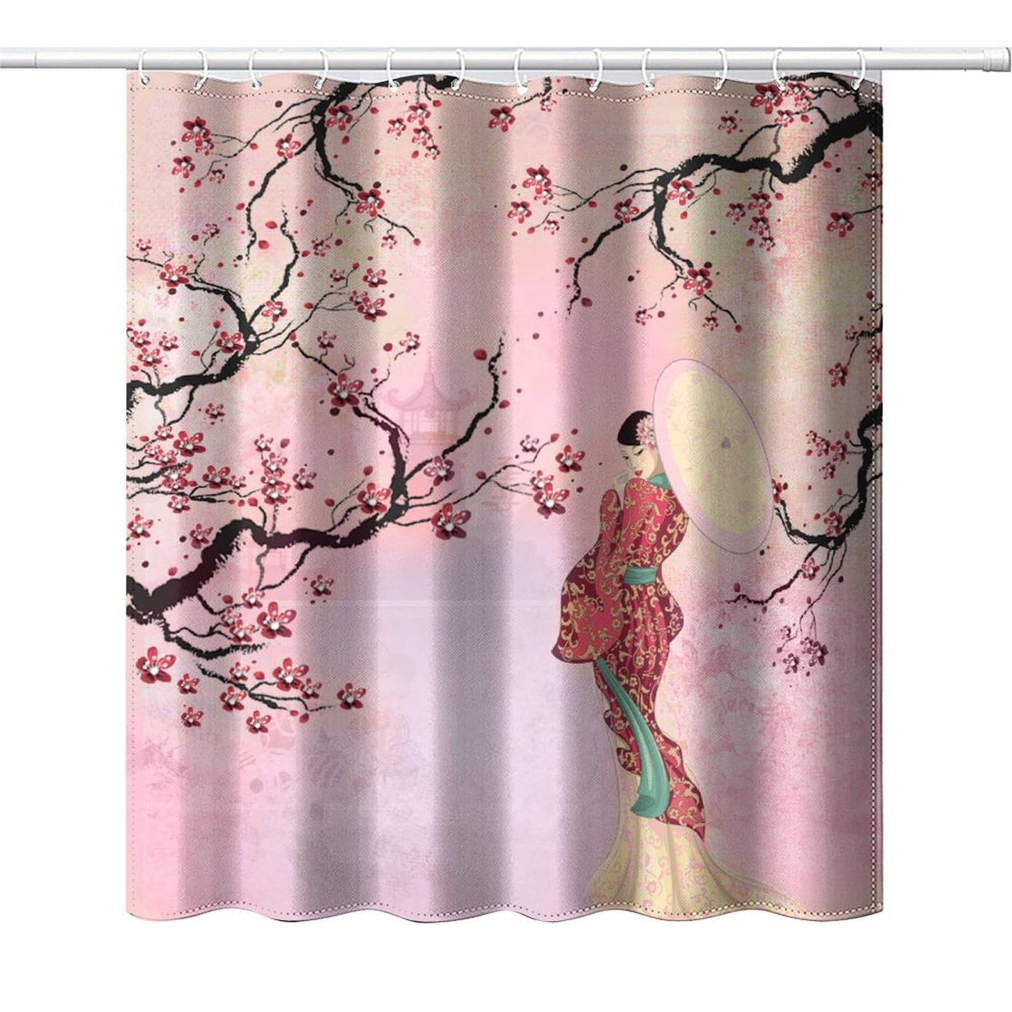 DDCBNS Japanese Geisha Shower Curtains,Asian Style Red Plum Blossom Ink Painting Shower Curtain for Bathroom Decor Asia Oriental Theme Fabric Waterproof Upholstery Hook 66x72inch