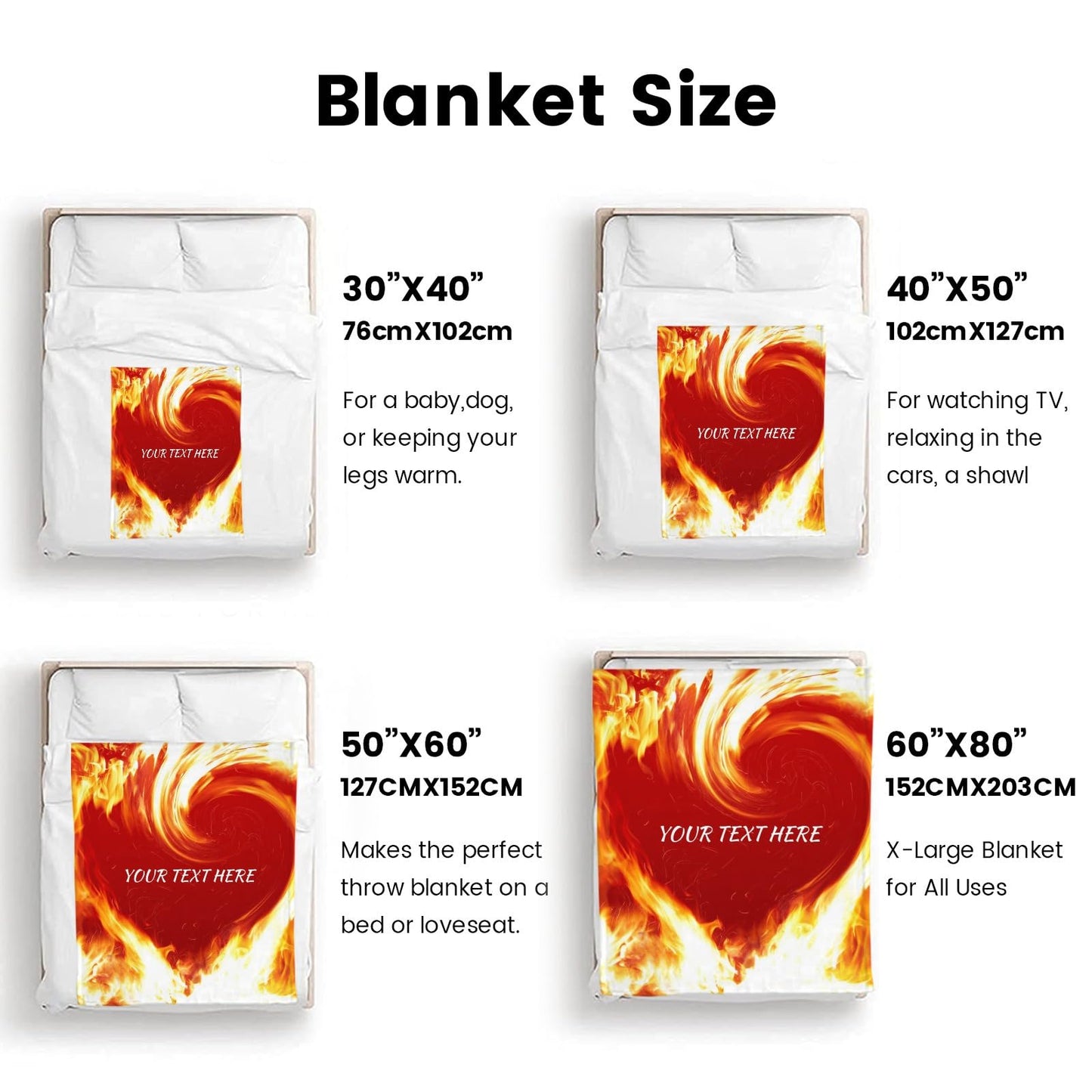 Heart Blankets, Personalized Throw Blanket for Couch Sofa Bed, Soft Warm Fuzzy Cozy, 30 x 40 Inches