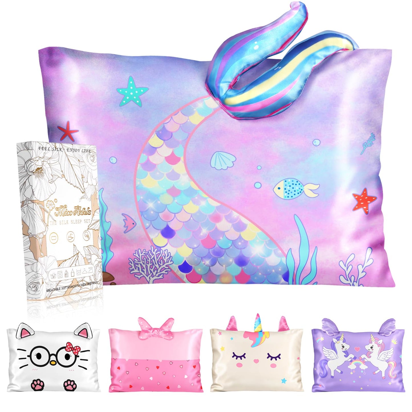 Miss Adola Kids Pillowcases Standard Size 20"x26" - Cute Cartoon Soft Breathable Silk Pillow Cases for Hair and Skin with Hidden Zipper for Girls Fun Kawaii Design for Bedding, Fish Tail