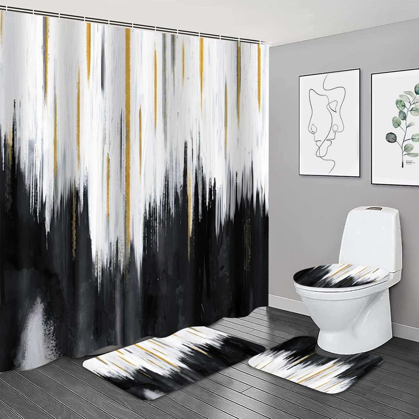 NBVKO 4PCS Black Oil Painting Style Shower Curtain Set with Non-Slip Rugs,Toilet Lid Cover and Bath Mat,Bathroom Decor Accessory Set