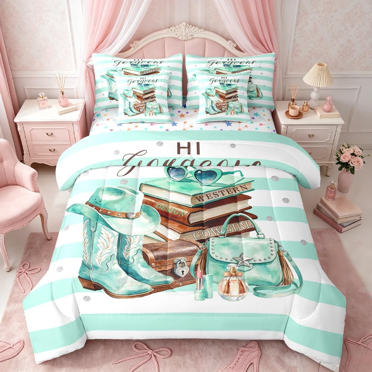 Feelyou Book Comforter Set with Sheets 7 Piece Full Size Green White Bed in a Bag Kids Boys Girls Perfume Bedding Set Stripes Bedroom Decor Western Decor Breathable Soft Lightweight Microfiber