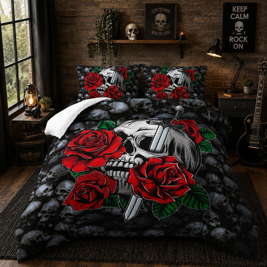 Nttopship Skull Comforter Red Floral Bedding Set，Comforter Set Twin Size, Gothic Skull Print Down Comforter Vintage Flower Rose Comforter Set with Pillowcase, for Bedroom Bed Decor