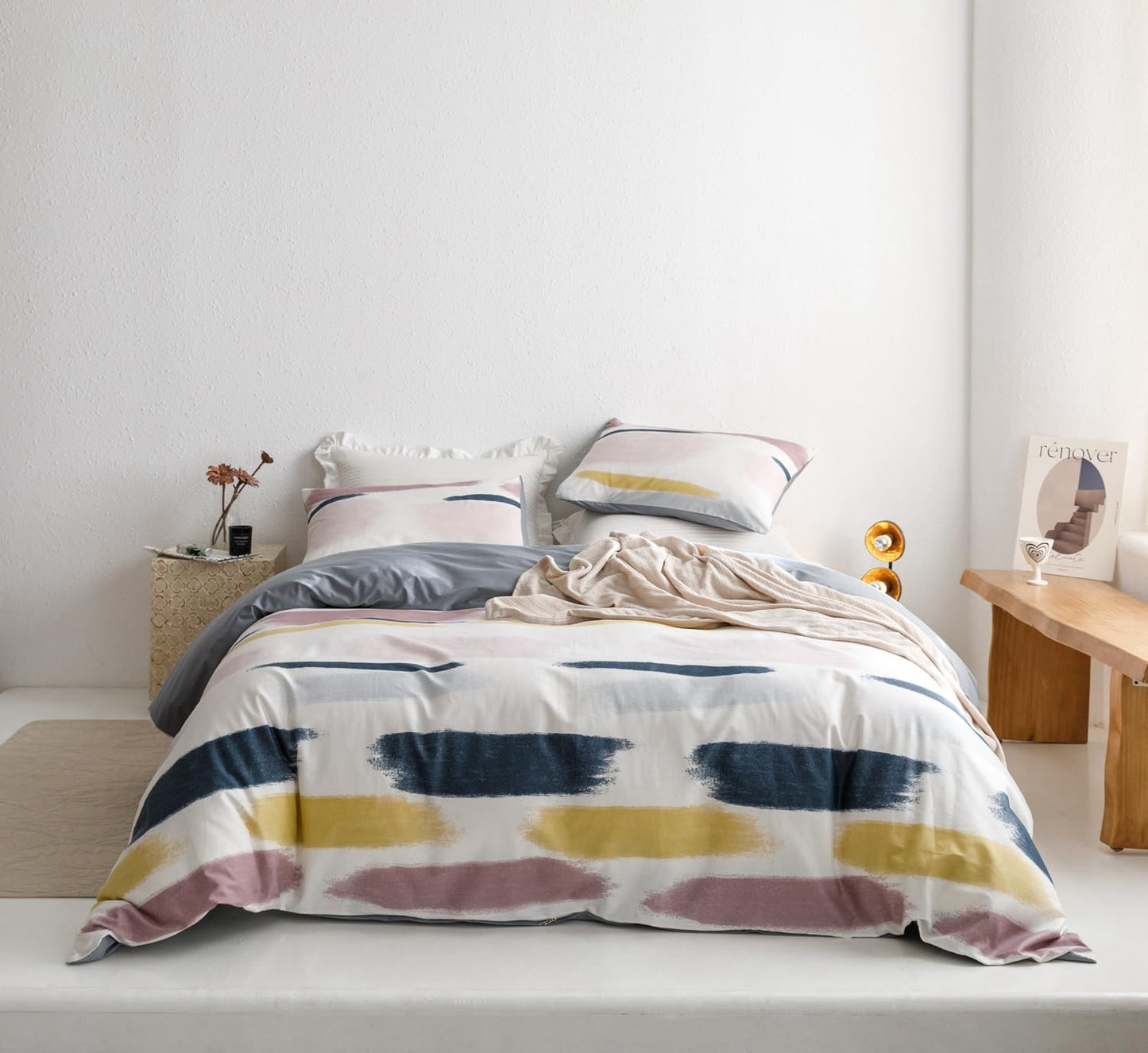 SUSYBAO Reversible Striped Duvet Cover Queen 100% Cotton 3 Pcs Set 1 Artistic Graffiti Geometric Duvet Cover with Zipper Ties 2 Pillowcases Aesthetic Abstract Blue Yellow Stripe Bedding Set Soft
