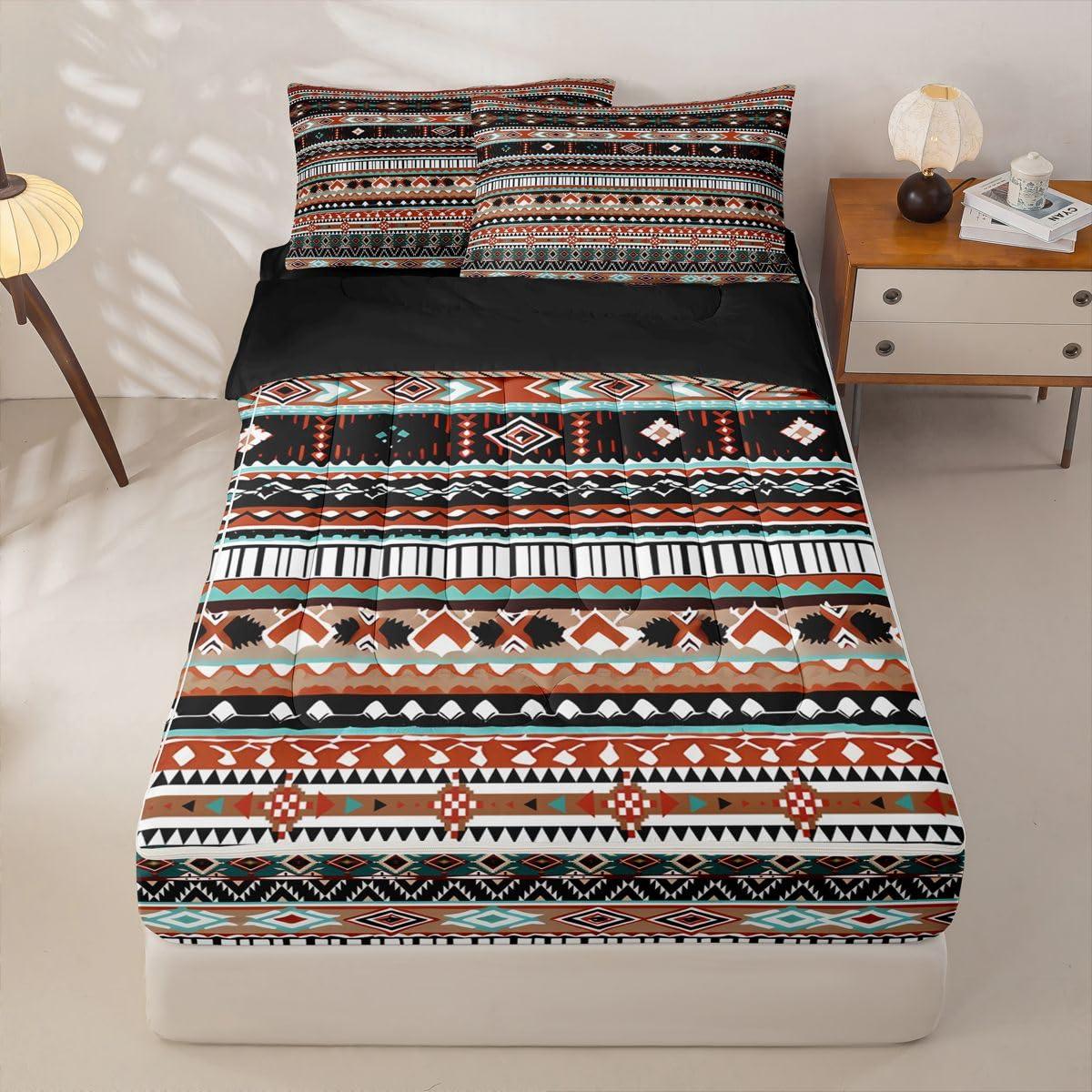Western Zipper Bedding Queen Ethnic Tribal Arrow Zip Up Bedding Set Vintage Exotic Geometric Triangle Bed in a Bag African Indian Tribal Sriped Boho Comforter with Fitted Sheet and 2 Pillowcases