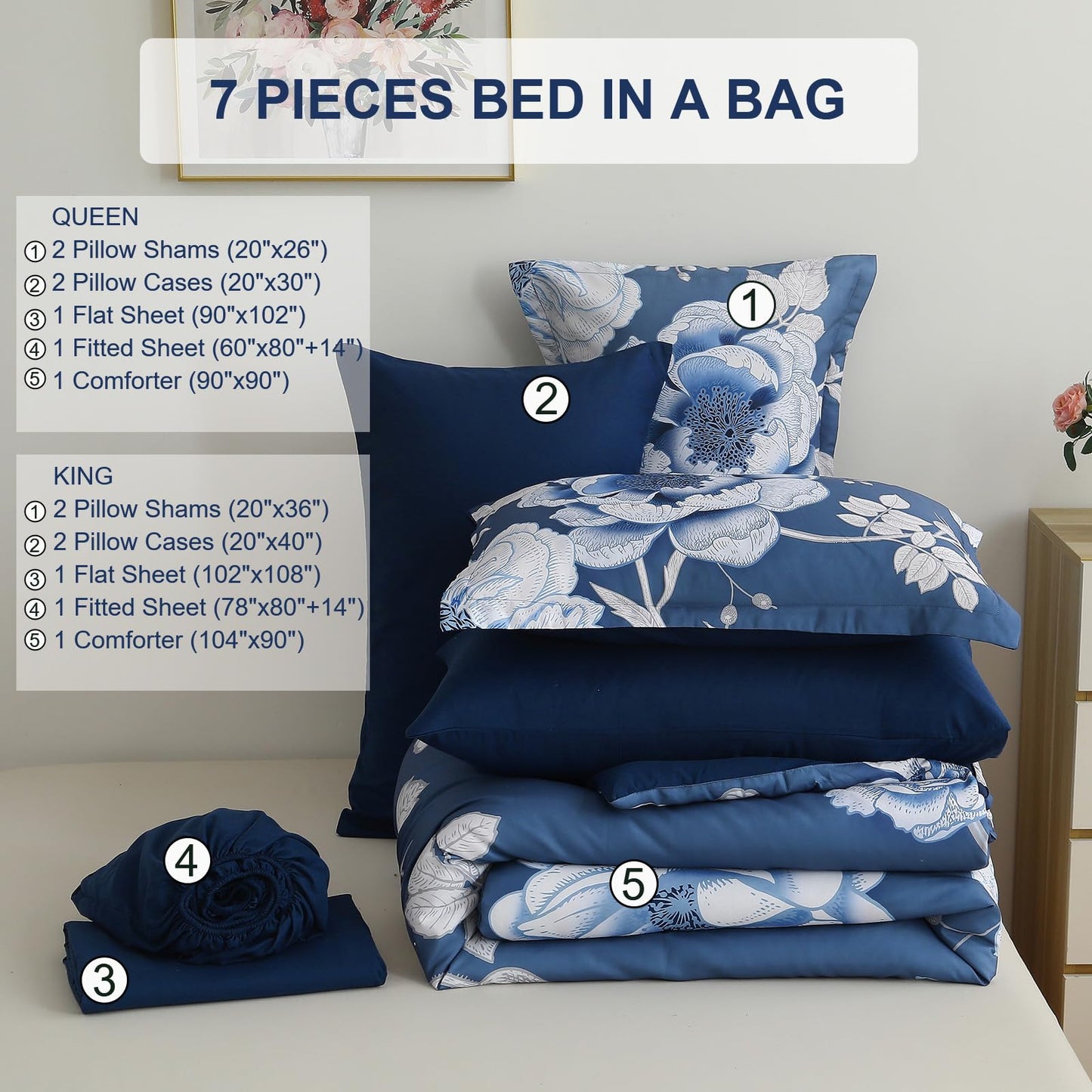 Luxudecor Floral Comforter Set King Size 7 Pieces Bed in a Bag,Flower Print on Blue Bedding Set,Soft Microfiber Bedding Set for All Season (Blue,104"x90")