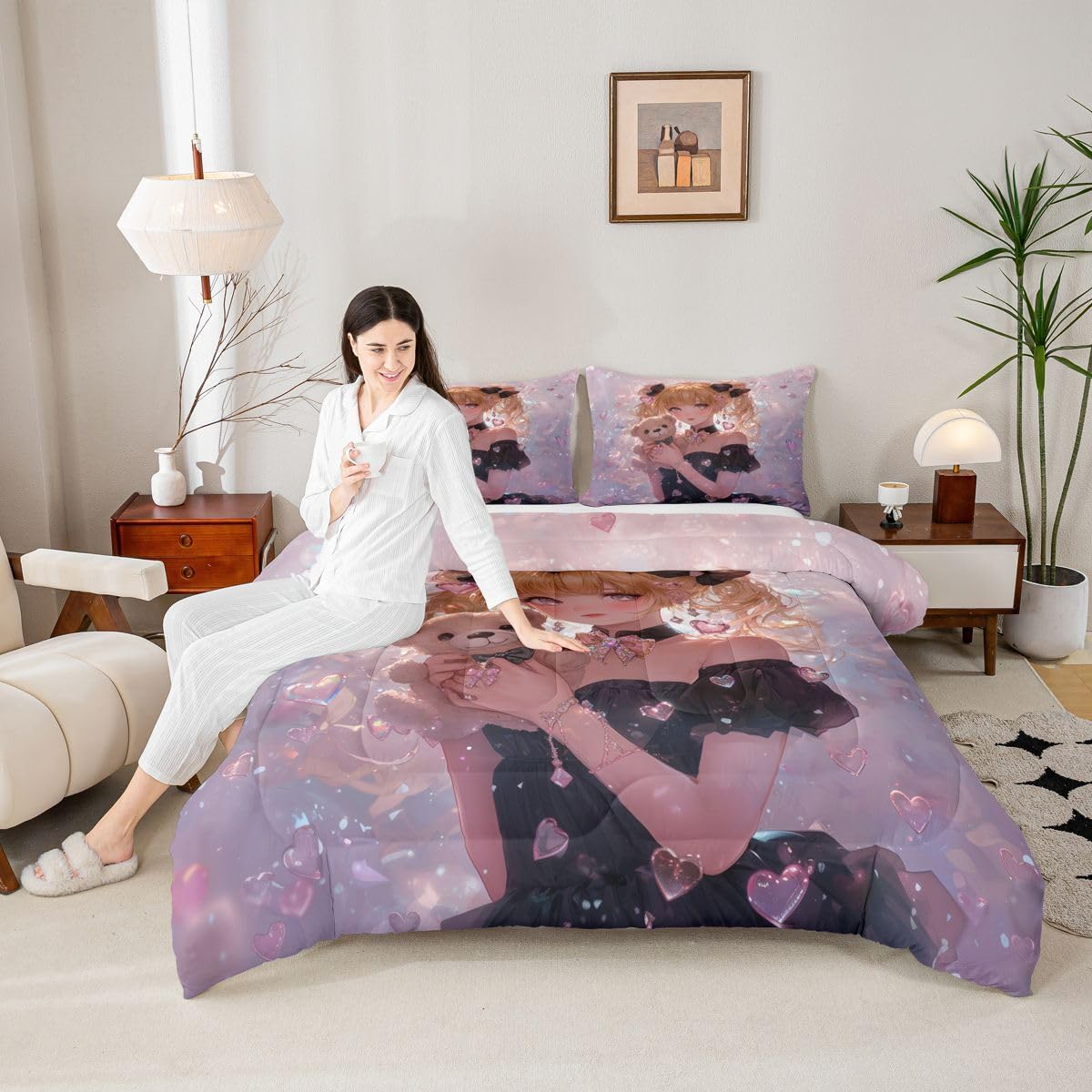 Erosebridal Bow Girls Twin Down Comforter Pink Kawaii Cartoon Anime Kids Comforter Set with 1 Pillow Case,Romantic Aesthetic Princess Bedding Set Japanese Style Girl Bed Set
