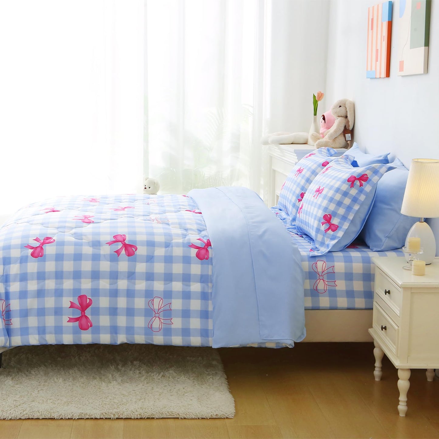 Wajade Bow Comforter Set 7 Piece Blue White Plaid Comforter Sets for Girls Kids Full Size Checkered Bedding Set with Sheet and 2 Pillowcases 2 Pillow Shams Cute Girls Bed in a Bag as Birthday Choice