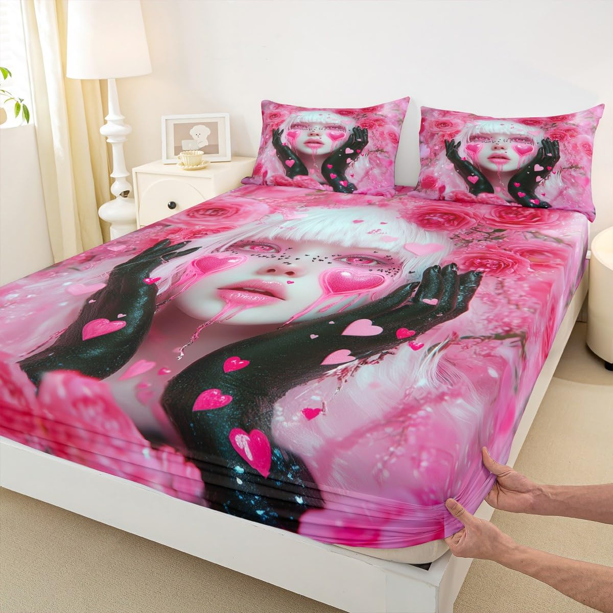 Erosebridal Pink Girl Sheet Set Twin Size Romance Rose Flowers Toddler Bedding Sets for Girls Anime Sheets, Modern Fashion Lady Art Bed Sheets Set Love Hearts Decorations with 1 Pillowcase
