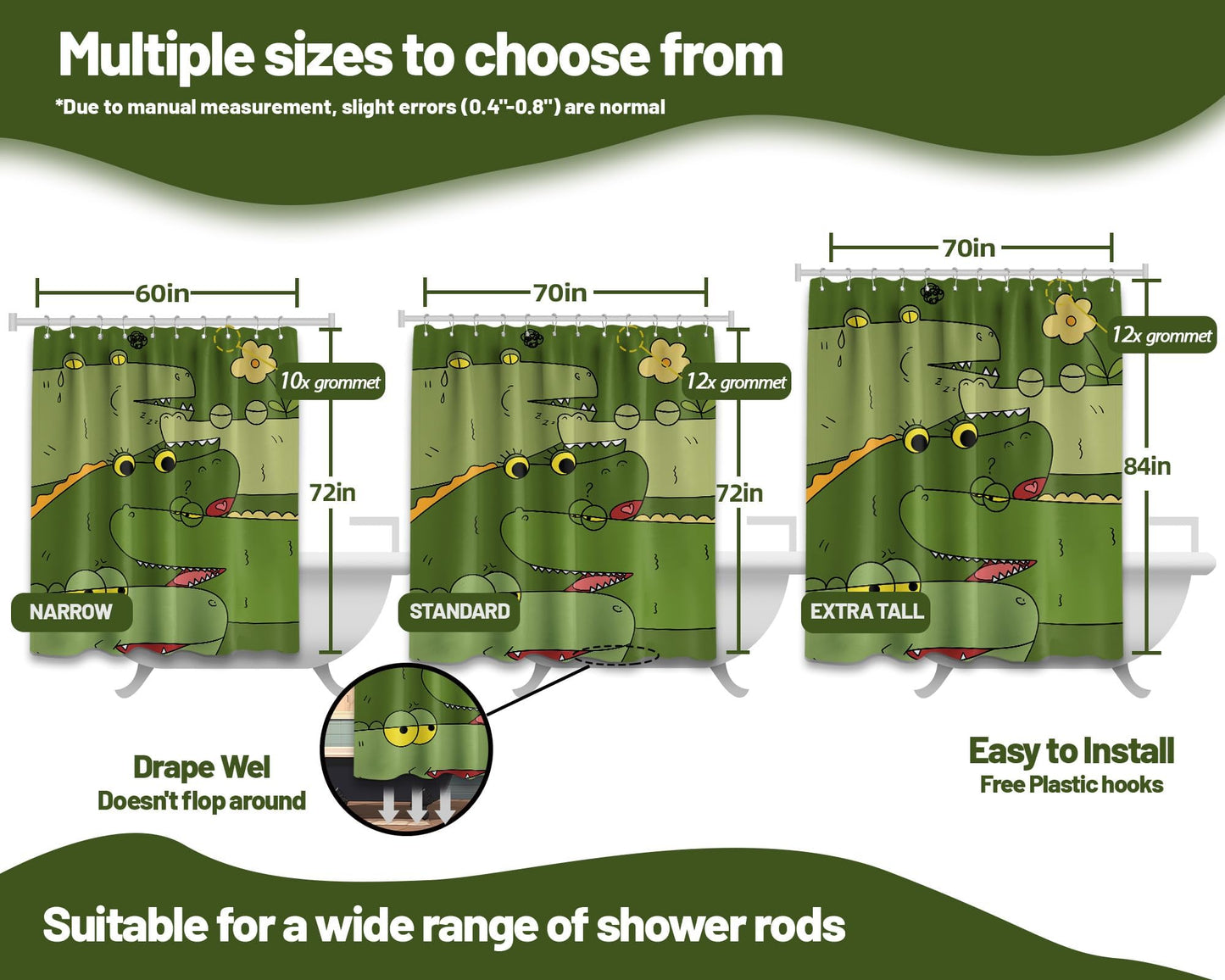 dueeia Alligator Shower Curtain for Kids Funny Cartoon Animal Green Crocodile Shower Curtains for Bathroom Decor Sets, Waterproof Fabric with Hooks, Waterproof Fabric 70 x 72 inch with Hooks