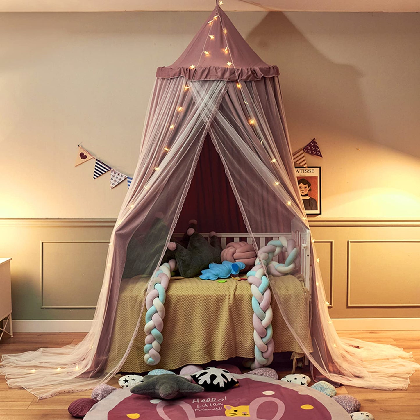VETHIN Bed Canopy Double Layer Princess Round Dome Dreamy Mosquito Net Bedding Girls Room Castle Play Tent Hanging House Decor Reading Nook Canopies(Jujube Red/White)