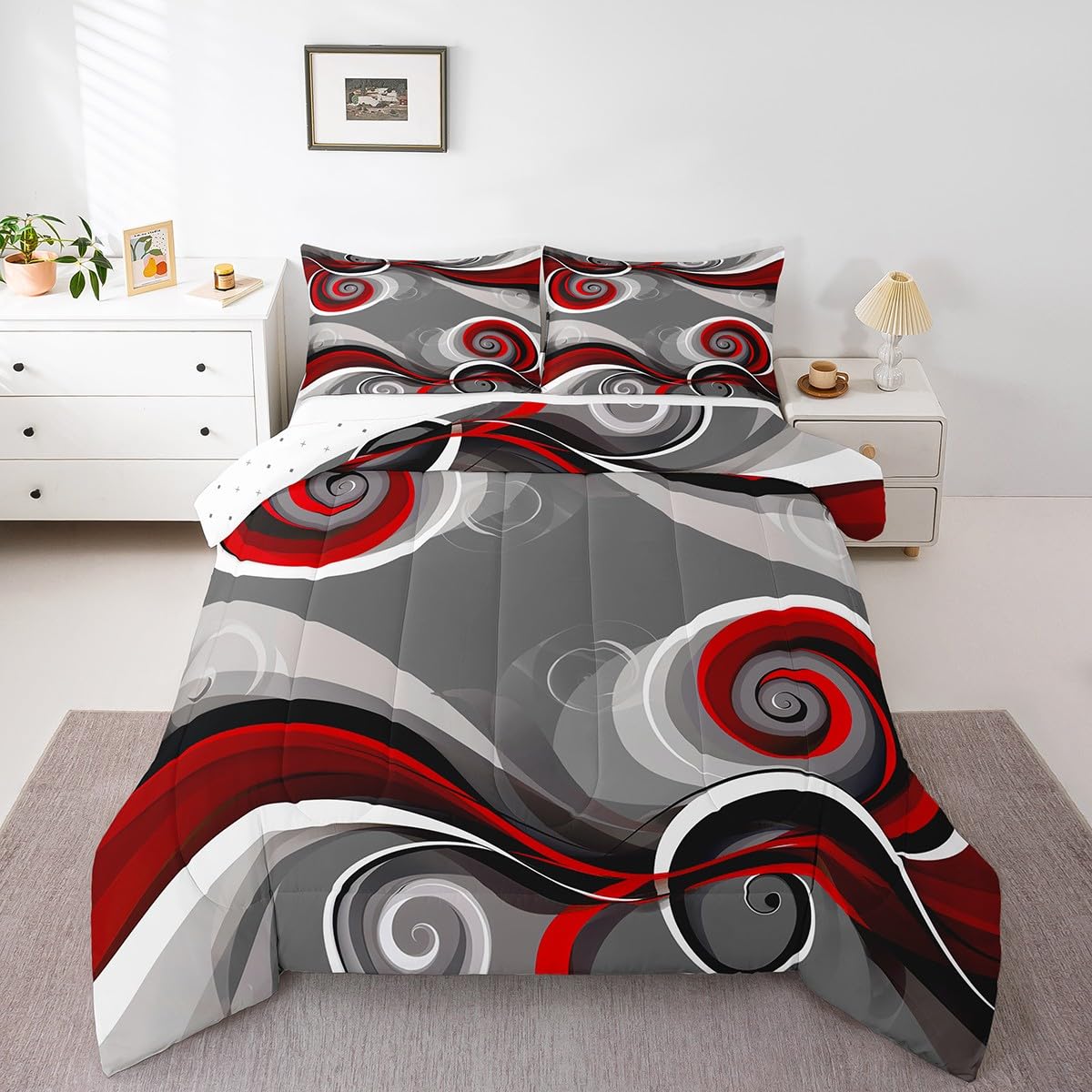 Feelyou Gray Black Red Swirl Bedding Set Kids Geometric Stripe Comforter Set Boys Girls Trippy Circle Decor Comforter Farmhouse Abstract Artwork Duvet Set Bedroom Quilted Set Queen Size