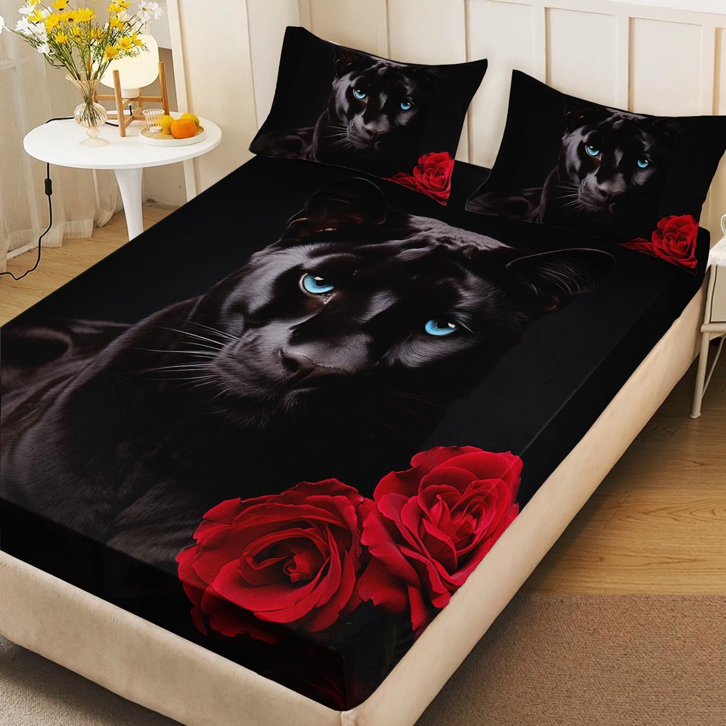 AILONEN 3D Black Panther Fitted Sheet Set Queen Size, Oil Red Rose Bedding Set for Girls Women Wedding Bedroom,Wild Animal Bedsheets Set,3 PCS, 1 Fitted Sheet 2 Pillowcases