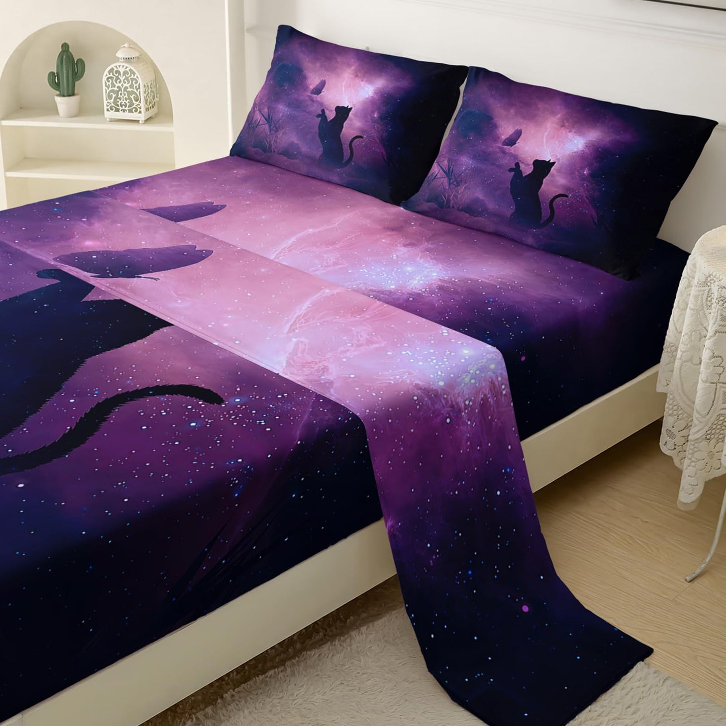 QOOMO Galaxy Cat Sheet Set,Butterfly Kids Bed Sheets,Universe 16" Deep Pocket Bed Sheet Set for Boys/Girls/Kids/Teens，4 Piece Sheet Set, 1 Fitted Sheet,1 Flat Sheet and 2 Pillowcases，Twin Size