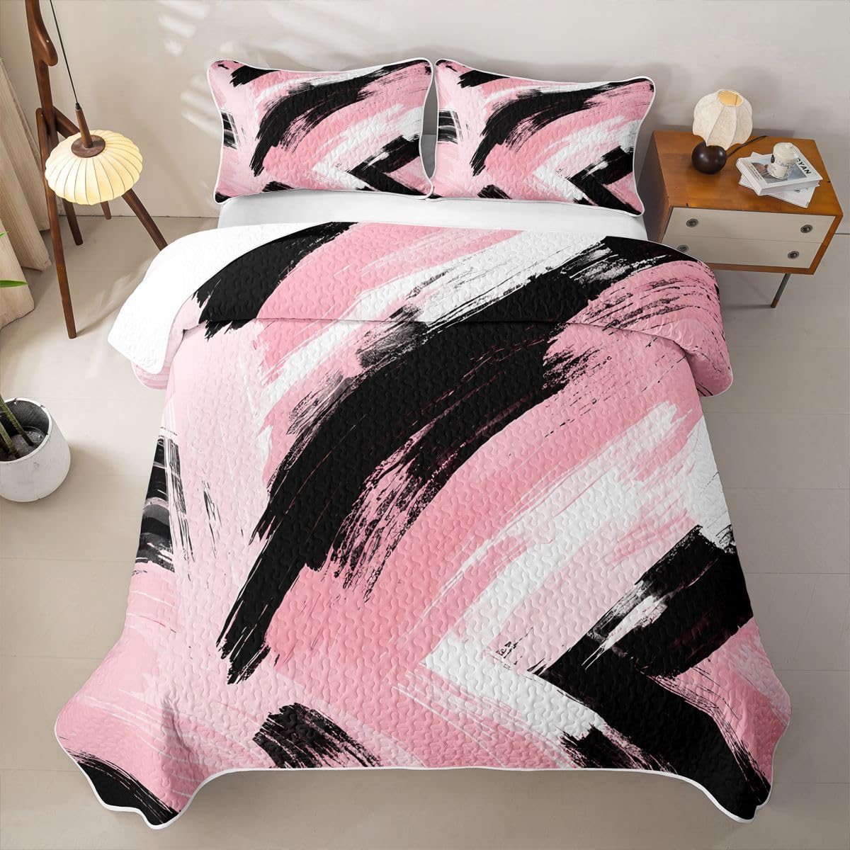 Feelyou Pink Black Bedding Set Kids Abstract Quilt Sets Queen Size Modern Stripes Bedspread Coverlet for Room Soft Modern with 2 Pillow Case