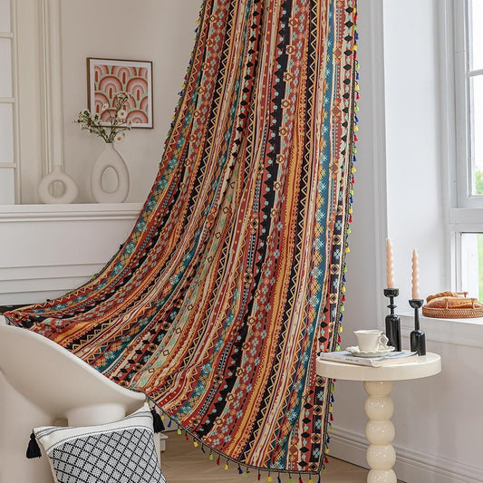 Erbnaryx Boho Curtains Geometric Light Filtering Semi-Blackout Window Curtains 72 Inches Long Rod Pocket Drapes for Living Room 2 Panels-Vintage Red