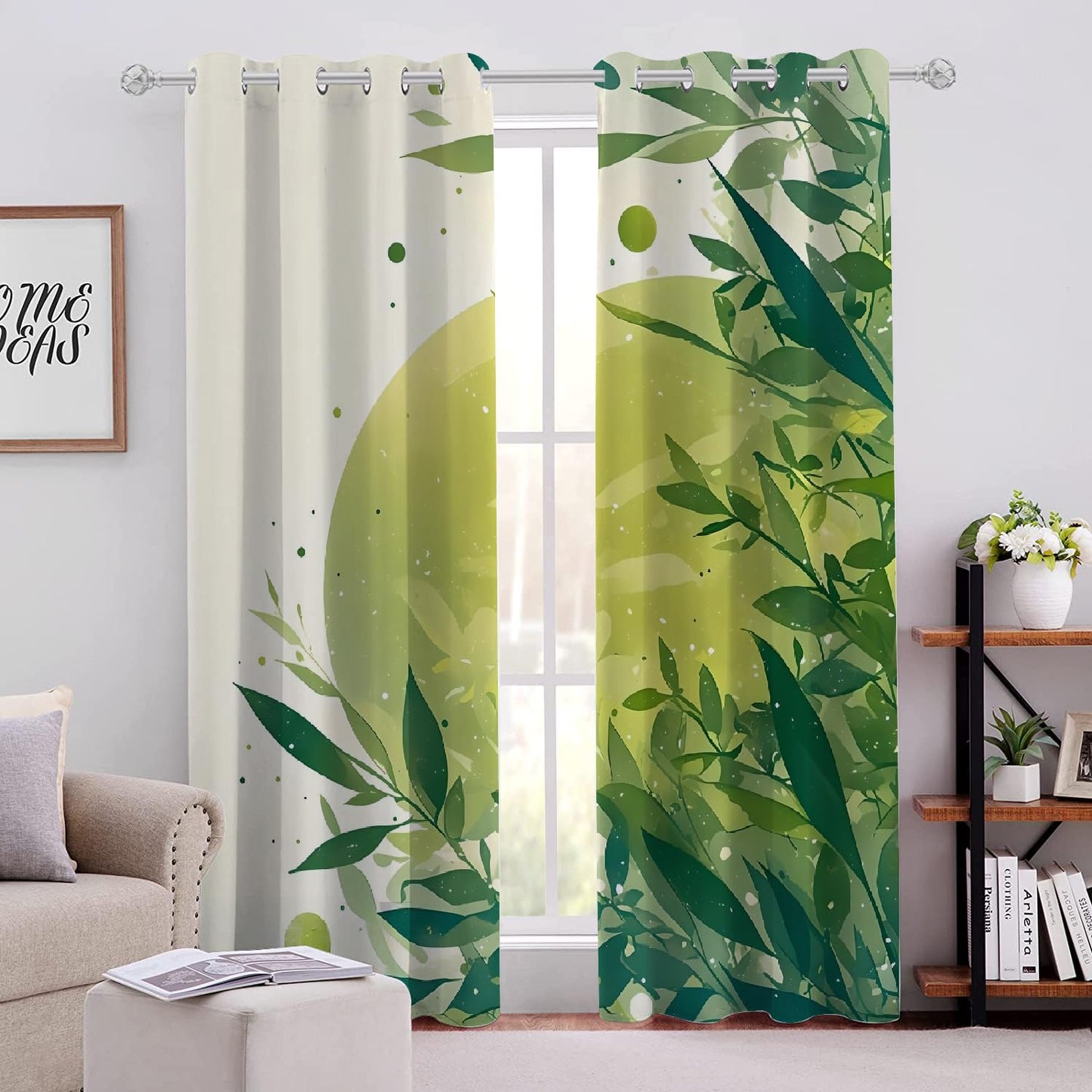 Green Plant Leaves Blackout Curtains, Bright Simple Background 3D Printed Top Grommet Drapes, 2 Panel Thermal Insulated Drapes for Sliding Glass Door Bedroom Living Room(52" W x 63 "L)