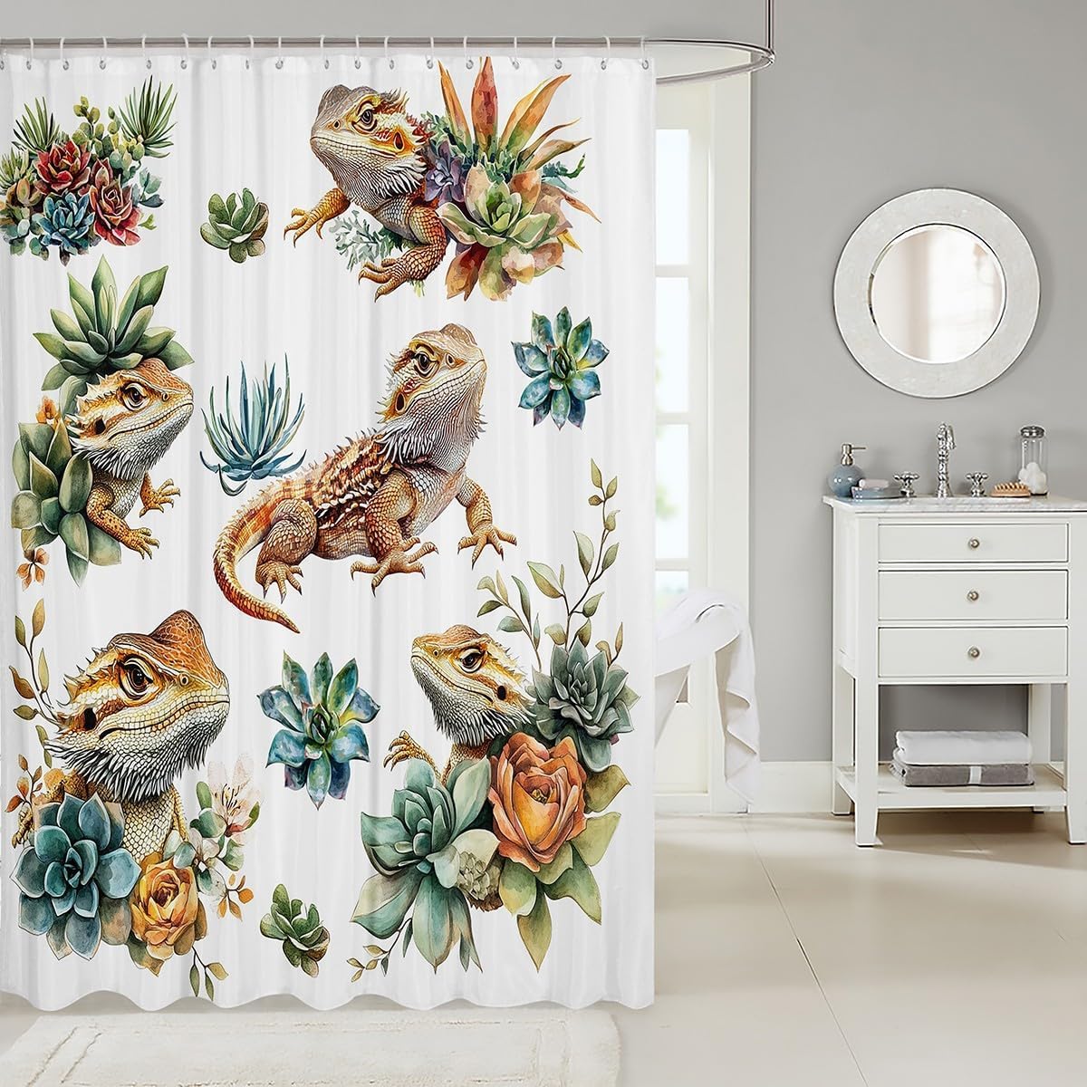 Manfei Bearded Dragon Kids Shower Curtains,Cartoon Lizard Reptile Animal Bathroom Curtains for Boys Girls,Cactus Botanical Western Pet Modern Fashion Waterproof Curtains,12 Hooks Suits,72" W x 72" L