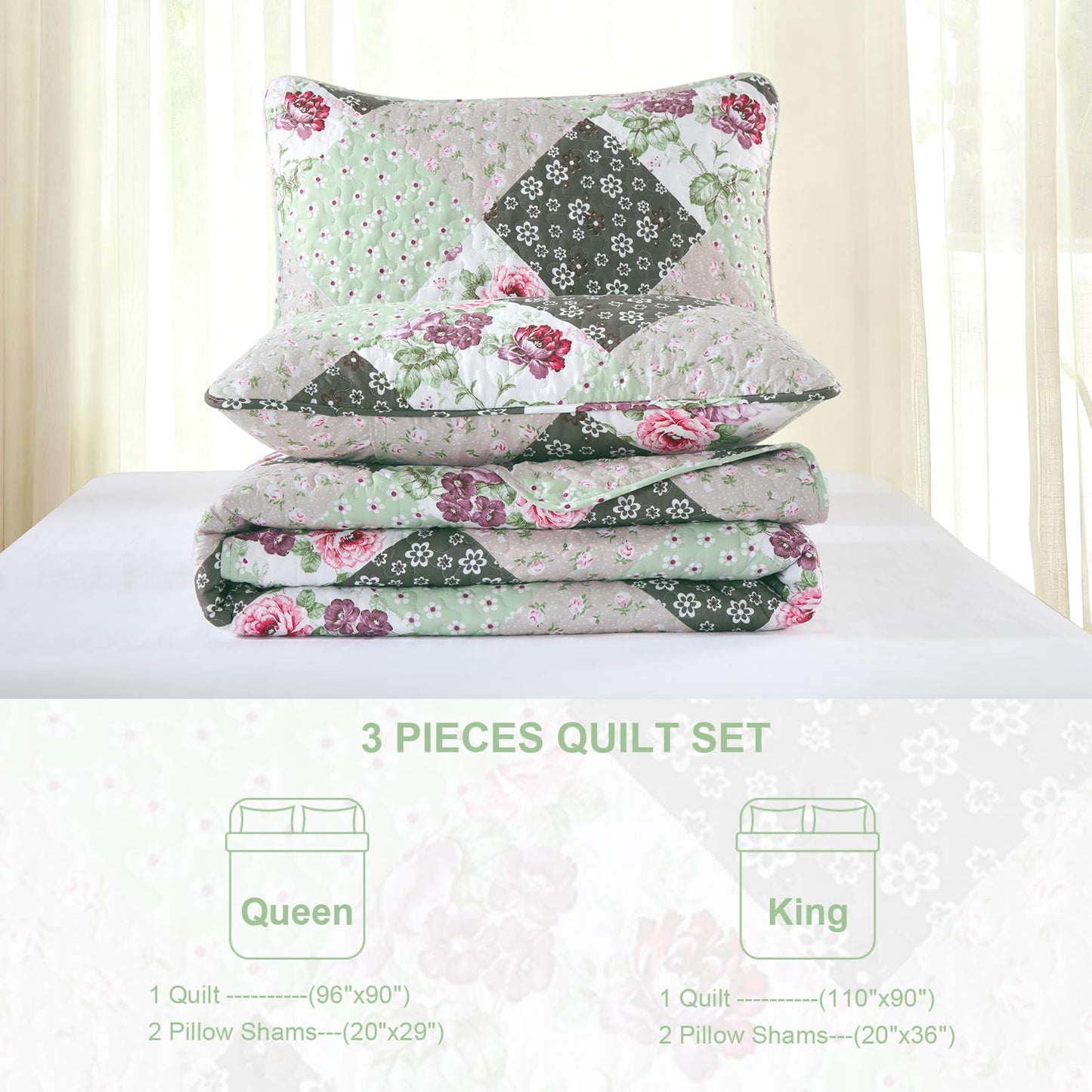Dinjoy Floral Plaid Patchwork Quilt Set King Size, Reversible Green Bedding Set Soft Microfiber Lightweight Bedspread Coverlet 3 Piece Fall Autumn Summer Use (110x90 inches)