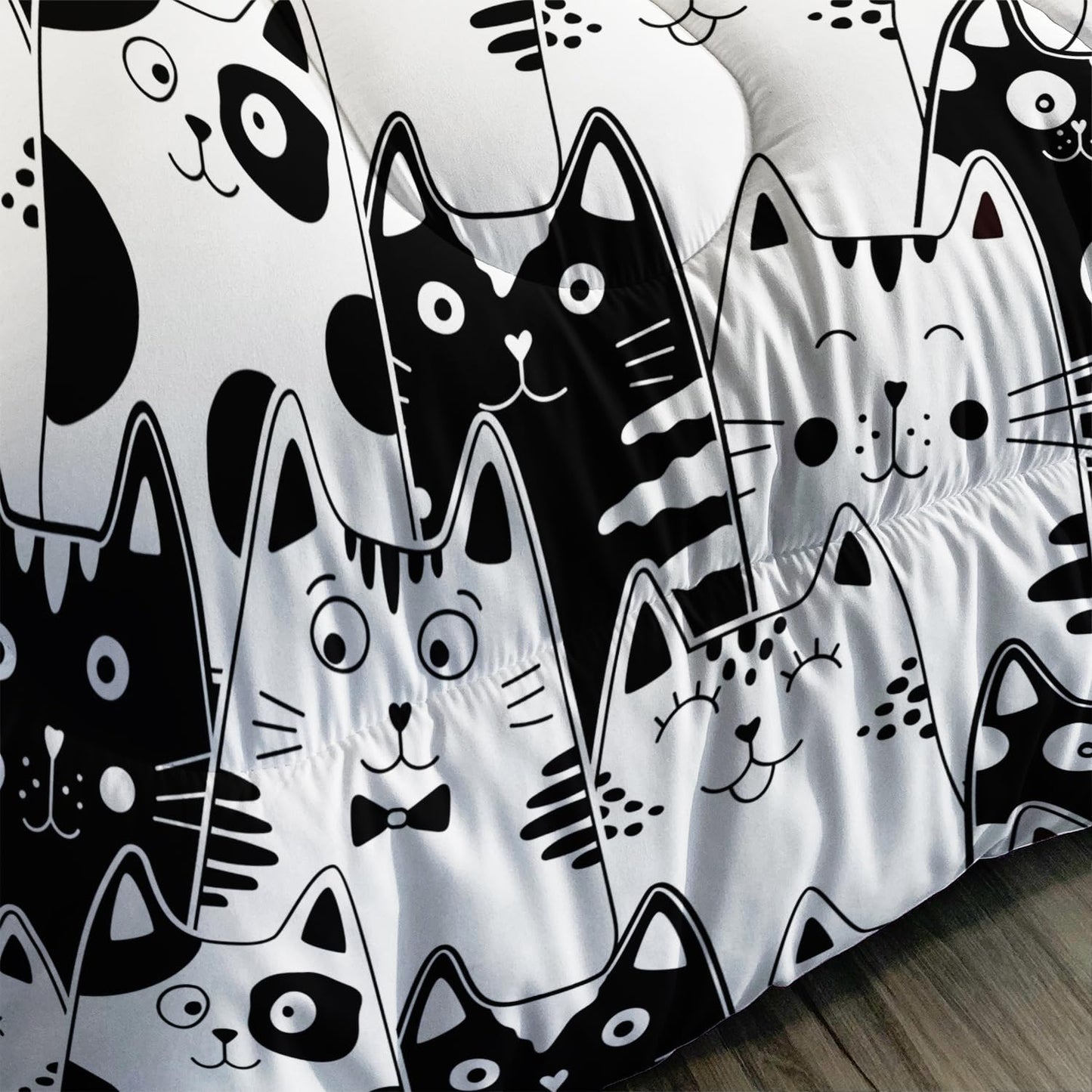 Nttopship Black and White Cat Comforter Set Queen,Kawaii Cat Butterfly 3 Pieces Bedding Set for Teens Kids,Cartoon Down Alternative Bed Comforters Bedding Sets for All Season