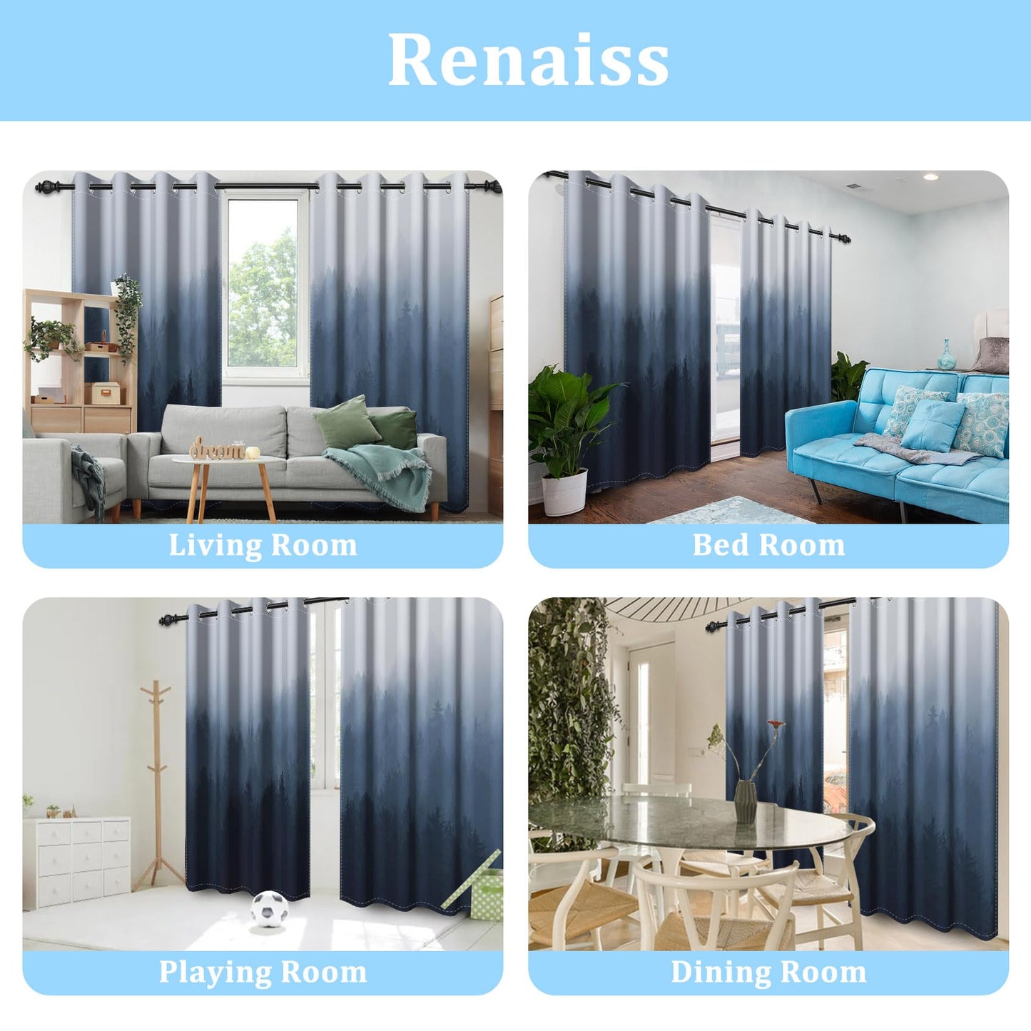 Renaiss Misty Forest Window Drapes, Navy Blue Ombre Design Bedroom Curtains & Drapes Abstract Mountain Landscape Room Darkening Grommet Curtains for Living Room 42W x 84L inches 2 Panel Set