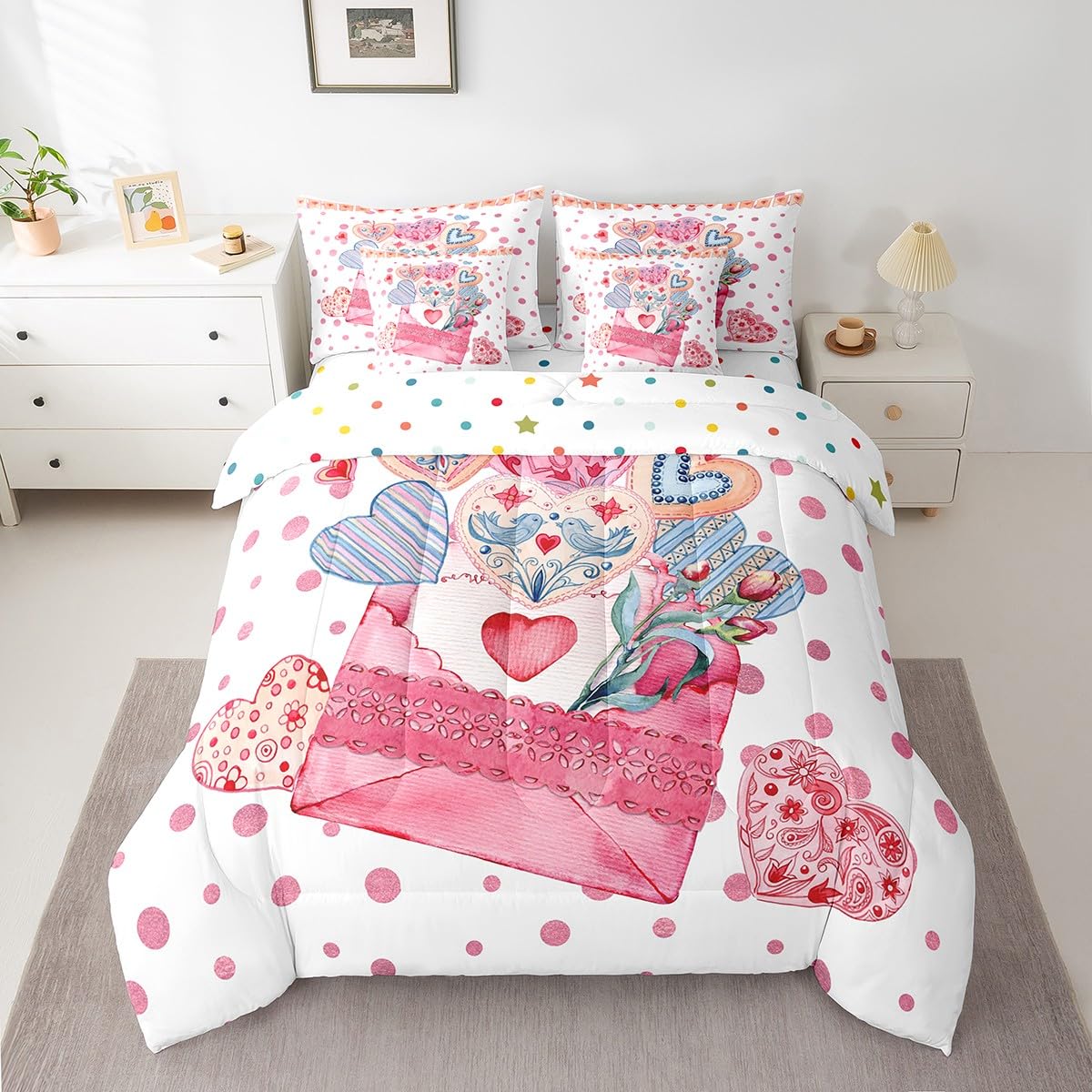 Feelyou Girls Like Cartoon Cute 7 Piece Bedding Set Queen Size Heart-Shaped Design Bed in a Bag for Adult Pink Envelope Comforter Set with Sheets Pink Polka Dot Room Decor Romantic Bed Set
