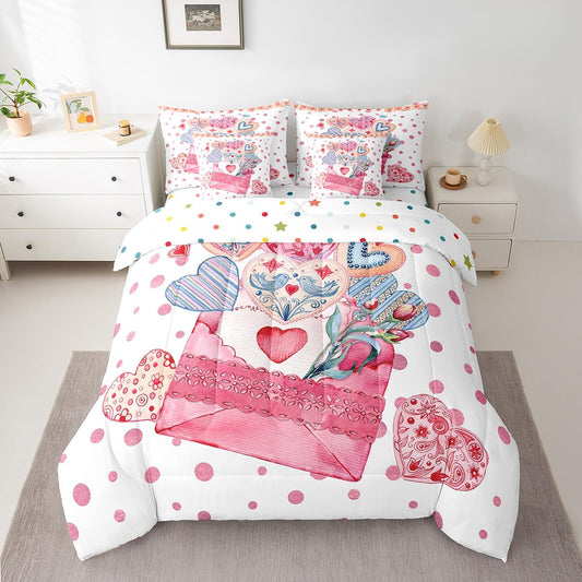 Feelyou Girls Like Cartoon Cute 7 Piece Bedding Set Queen Size Heart-Shaped Design Bed in a Bag for Adult Pink Envelope Comforter Set with Sheets Pink Polka Dot Room Decor Romantic Bed Set