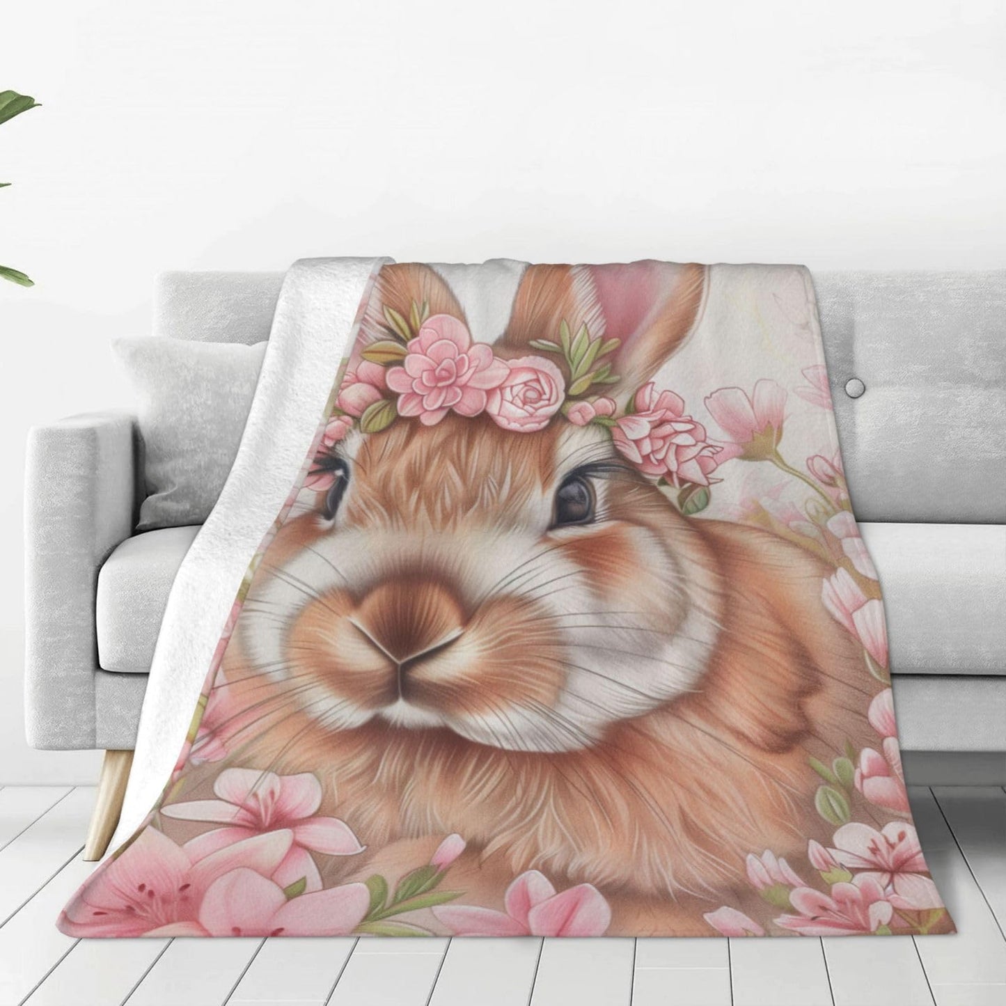 Flannel Rabbit Blankets Gifts - Pink Flower Bunny Throw Blanket for Girls Kids, Sofa Couch Bed Living Room, Soft Warm Cozy Decor, 60" x 50"