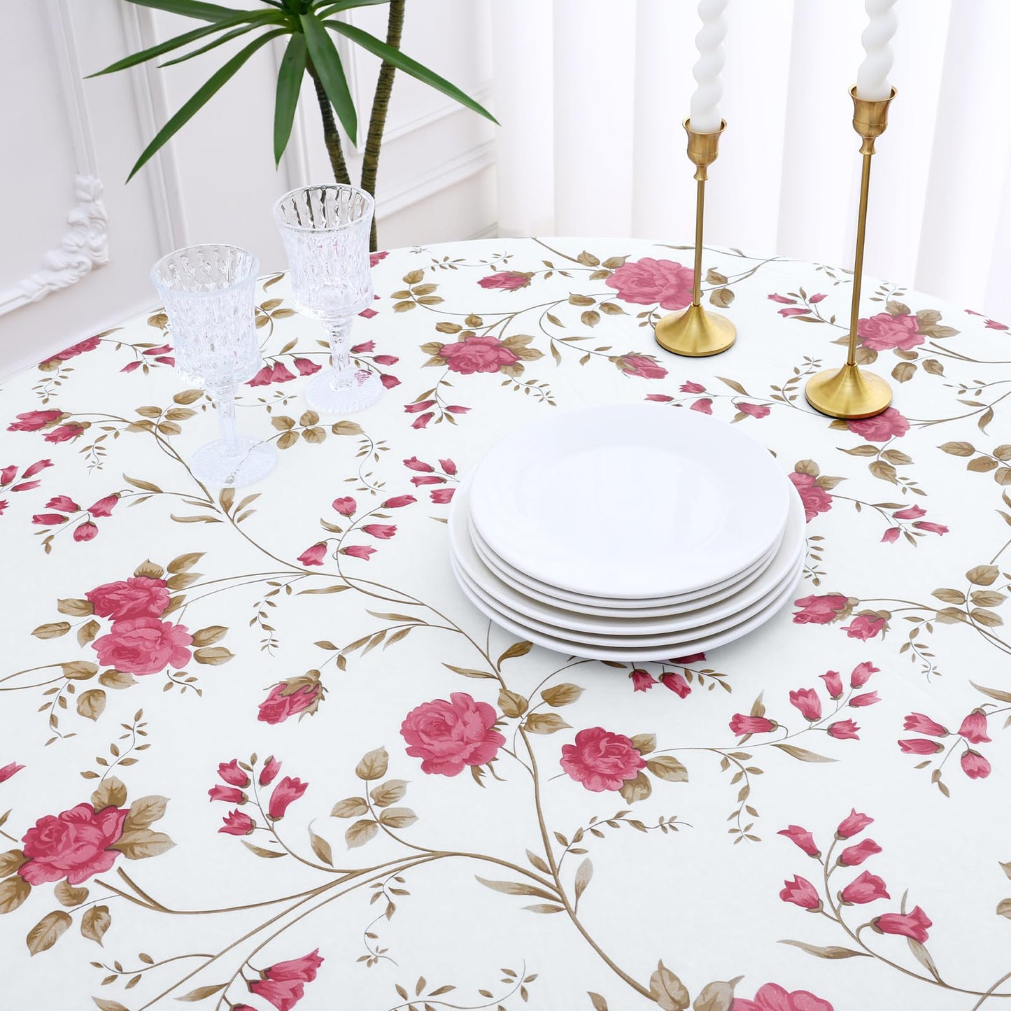 misaya Round Fitted Tablecloth with Elastic Edge, 100% Waterproof Oil Proof Plastic Table Cover, Vinyl Flannel Backed Tablecloth Fits 36"-44" Round Tables for Dinner, Outdoor, Picnic, Pink Flowers