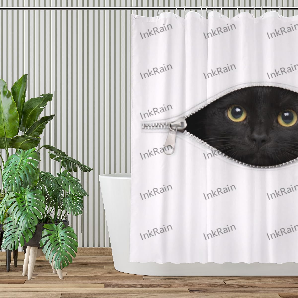 InkRain Black Cat Shower Curtain with 12 Hooks Cute Puppy Peek Design Bathroom Decor Waterproof Polyester Fabric Bath Curtain 72x80 Inch