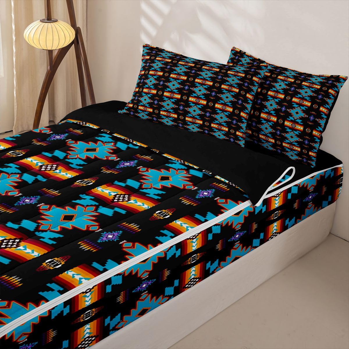 Erosebridal Western Aztec Zipper Bedding Queen Vintage Geometric Zip Up Bedding Set for Boys and Kids, Boho Western Bed in a Bag Native American Rustic Farmhouse Comforter Set with Sheets Black Blue