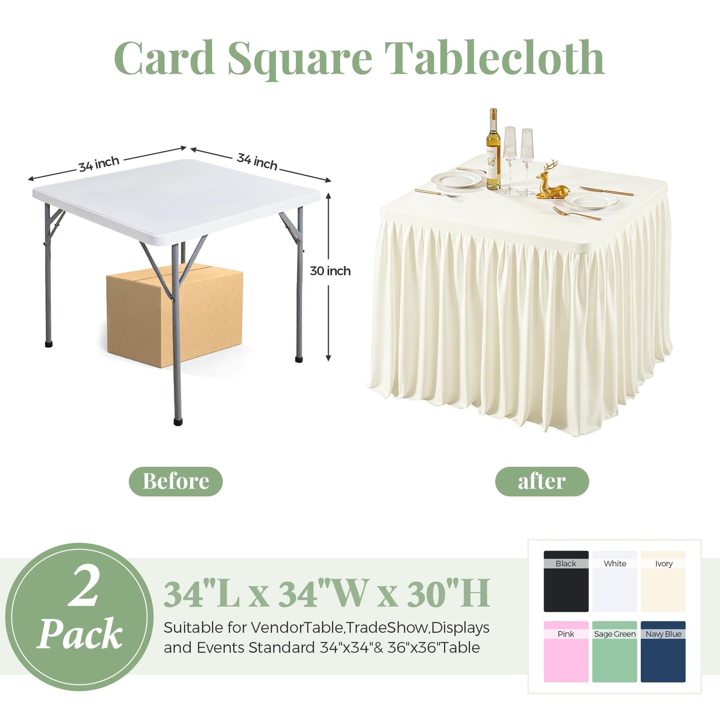 Ivory Square Tableloths 34x34 Inch 2 Packs, Stretch Fitted Square Table Cloth Washable Fabric Card Table Cover with Pleated Ruffle Skirt for Dining,Kitchen,Buffet Parties,Trade Show,Vendor Stand