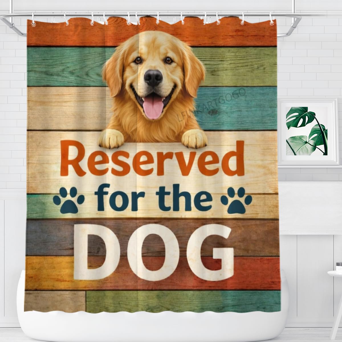 LFINKARTGOGO Funny Golden Retriever Shower Curtain 72x72 Inch with 12 Hooks Dog Lover Bathroom Decor Reserved for the Dog Rustic Wood Waterproof Washable Polyester