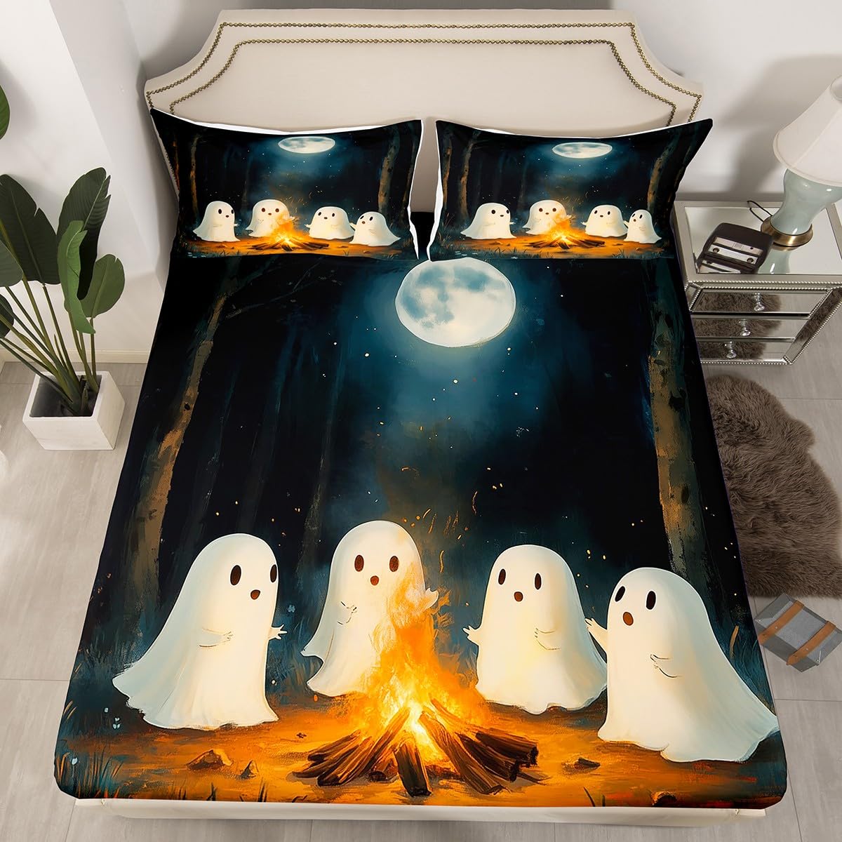 jejeloiu Cute Ghost Sheet Set for Girls Boys Kids King Size Happy Halloween Sheets with Deep Pocket Fitted Sheet Ghost at Campfire Bed Sheets Set Bedding Set,1xBed Sheets Set+ 2xPillow Shams