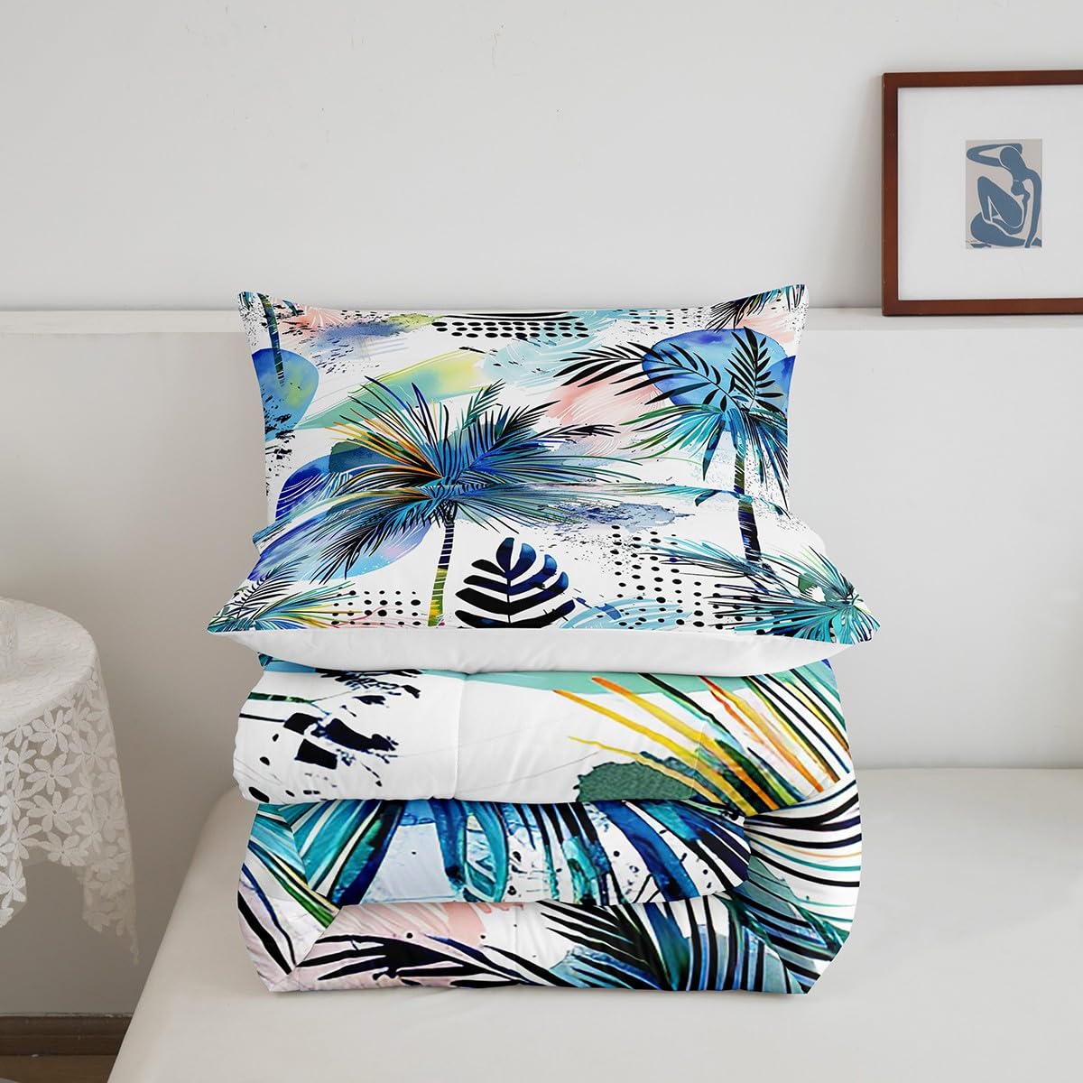 Manfei Kids Tropical Comforter Set Twin Size Palm Tree and Leaves Print Bedding Set 2pcs for Boys Teens Room Decor, Sea Beach Theme Quilt Set Modern Fashion Duvet Set with 1 Pillowcase