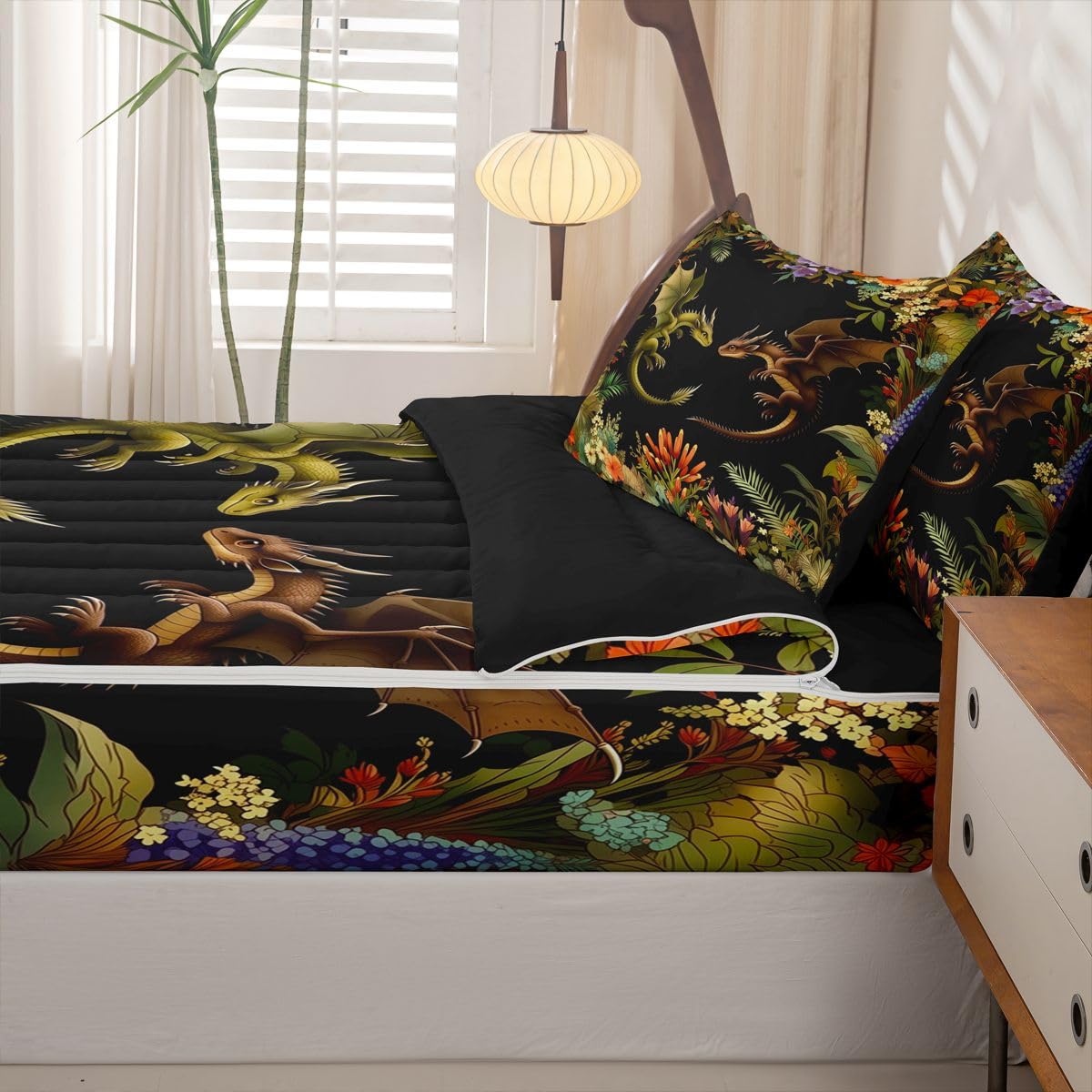 jejeloiu Flying Dragon Comforter Set Twin Zipper Bedding Set for Girls Boys Fantasy Animal Comforter with Fitted Sheet, Pillowcases Ancient Wildlife Zipper Bedding Breathable Spring Flowers Bed Set