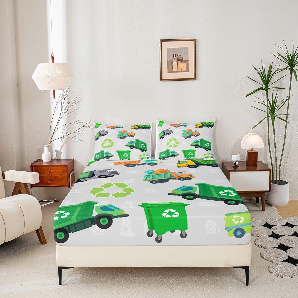 Boys Green Garbage Truck Bed Sheets Set Cartoon Trash Truck Fitted Sheet for Kids Boys Girls Teens Green Vehicle Car Bedding Set Garbage Truck Toy Bed Cover Full Size with 2 Pillow Case