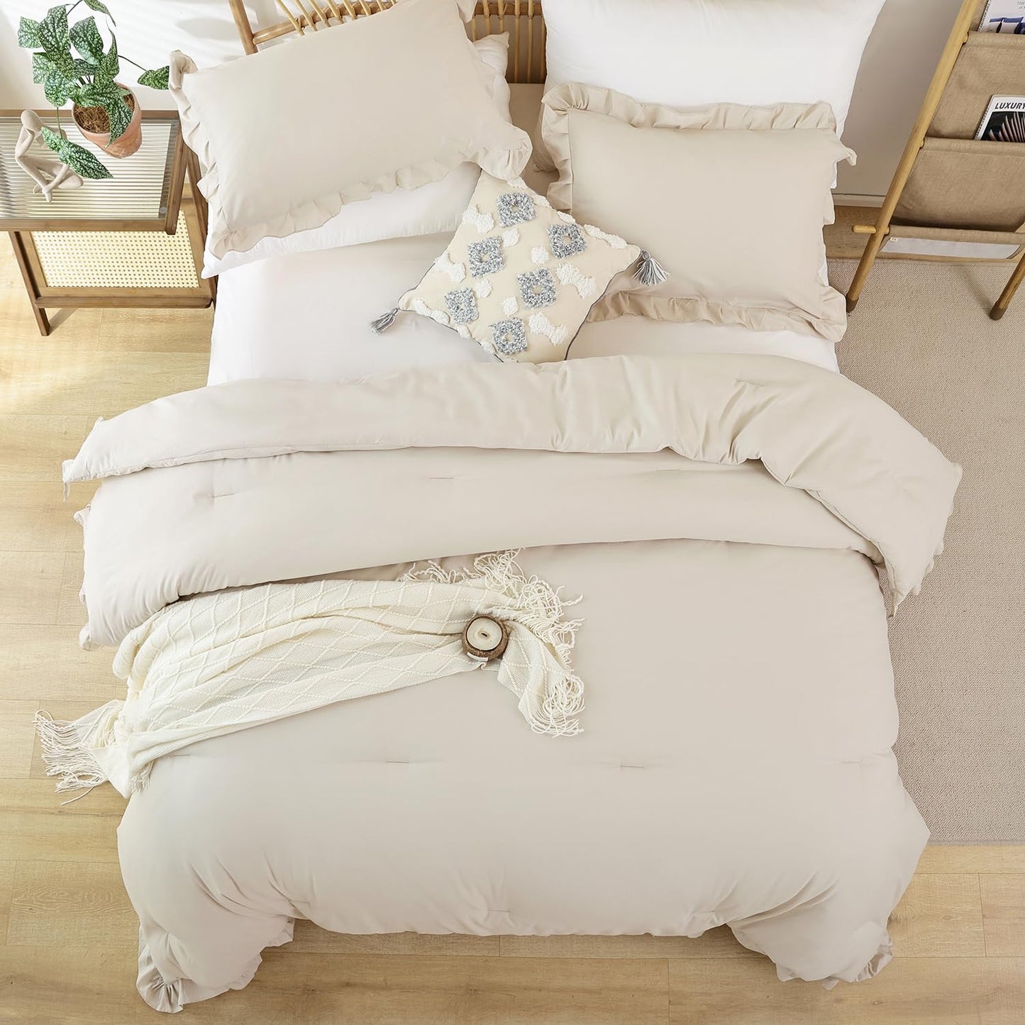 JANZAA Beige Comforter Set Queen – Soft Microfiber, Lightweight All Season Bedding, Ruffle Shabby Chic Aesthetic, Breathable Cozy Bed Set with 2 Pillow Shams, Machine Washable