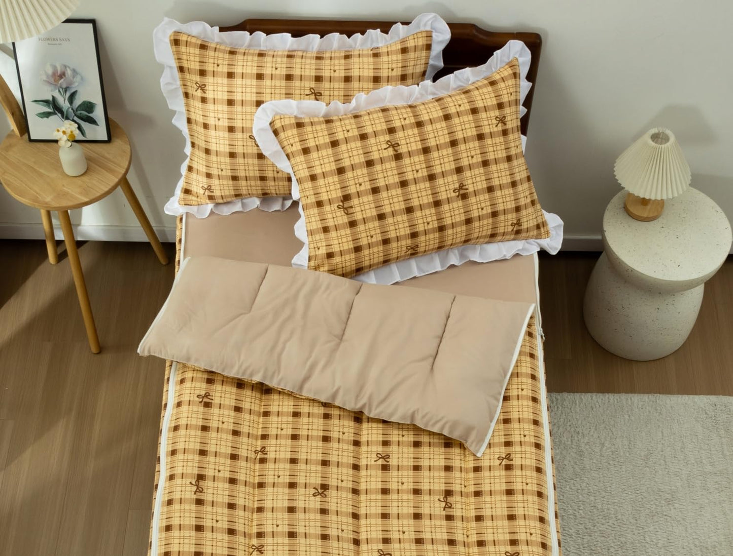 Meeting Story 3pcs Zip Up Bedding Set for Girls, Coffee Bow Checked Plaid Zipper Comforter Set for Kids(Coffee,Twin)