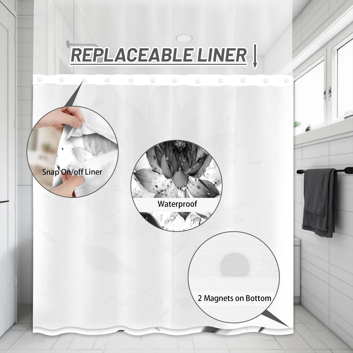Yieldee Lotus Hookless Shower Curtain with Snap in Liner, Black and White