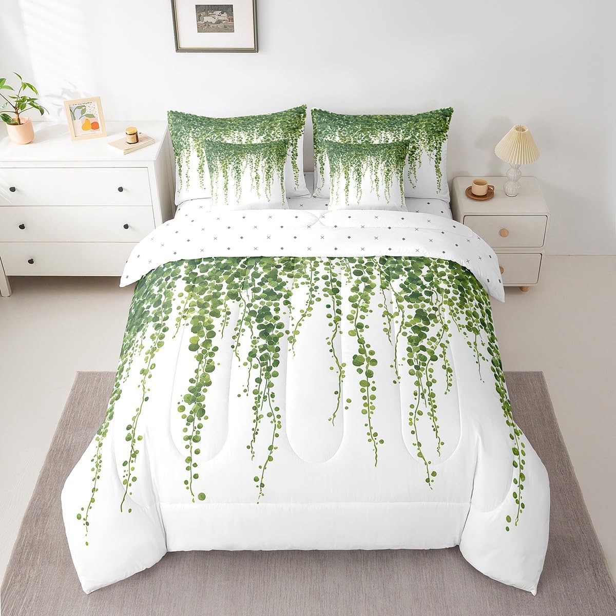 jejeloiu Leaves Comforter Set 7 Pieces Full Size Kids Botanical Garden Bed in a Bag for Boys Girls Nature Bedding Set Spring,Comforter + Sheets + Pillowcases + Cushion Covers