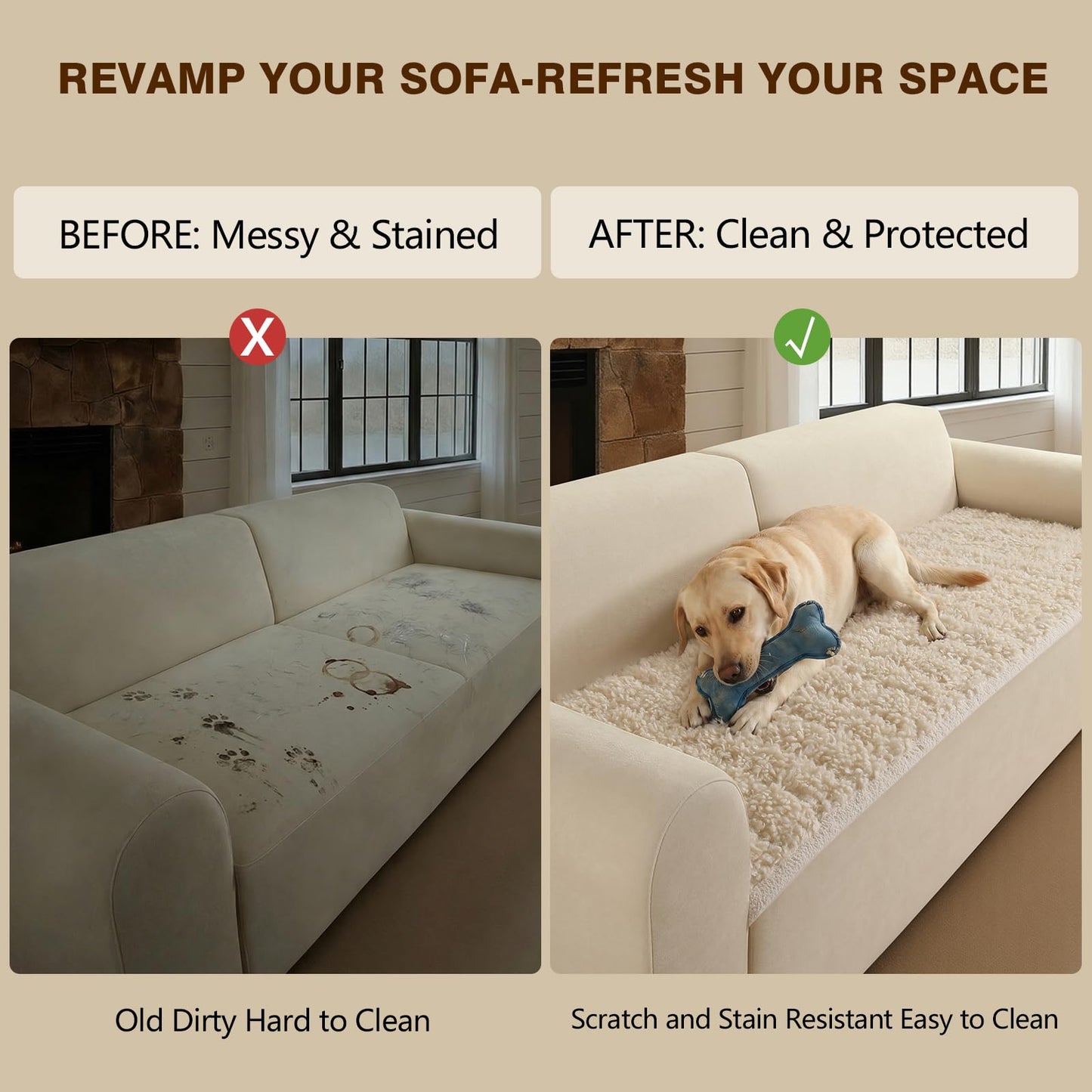 OHSIO Couch Cover for Pets, Washable Non-Slip Sofa Cover Pet Friendly, Soft Fuzzy Teddy Fleece Sofa Slipcover for 2 Cushion Sofa Furniture Protector (Ivory, 27.6" x 59")