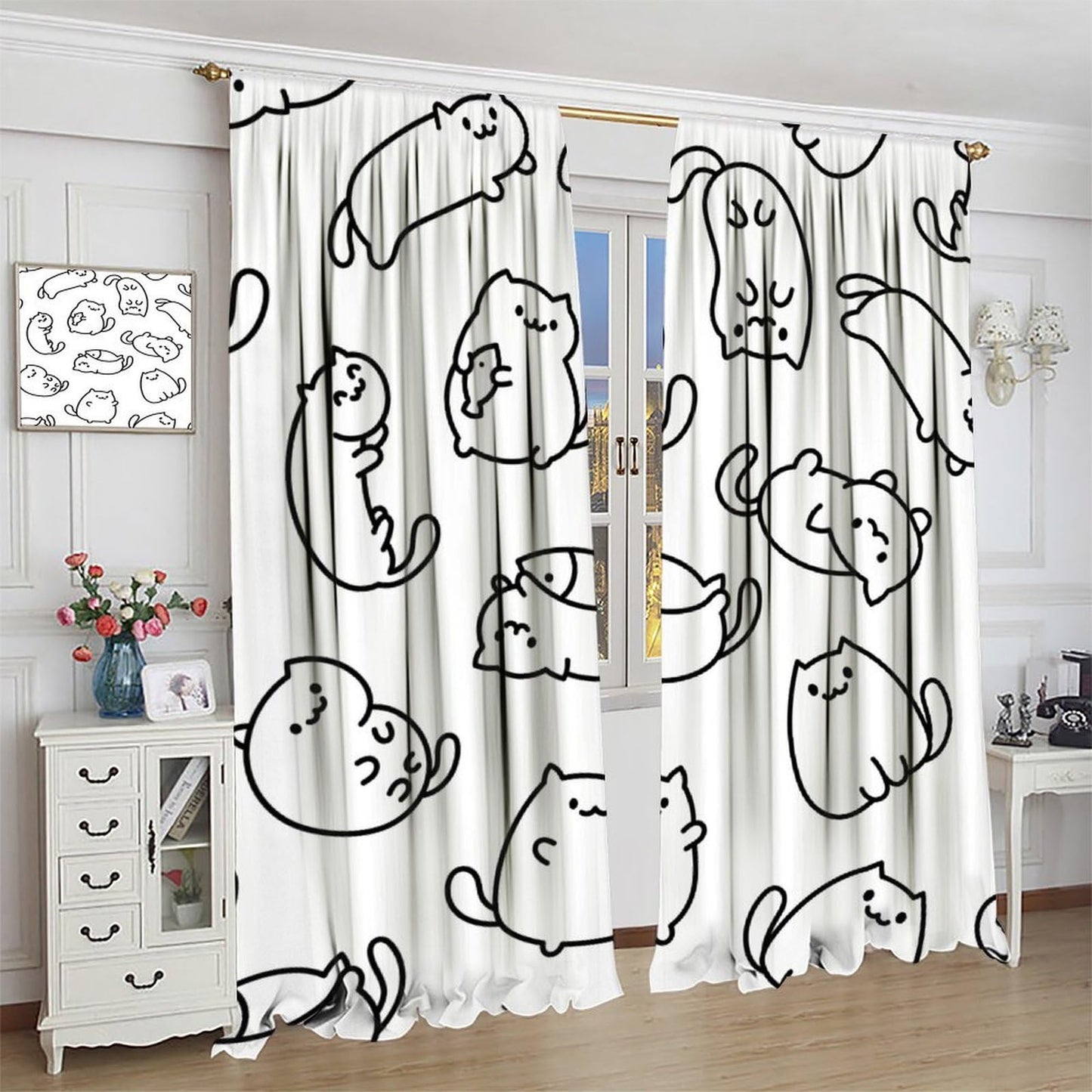 Cartoon Cat Curtain, Funny Cute Black White Line Kitten Art Pattern Decor Rod Pocket Window Curtain, for Kids Nursery Living Room Bedroom Cafe Farmhouse Style-11 42" W X 45" L