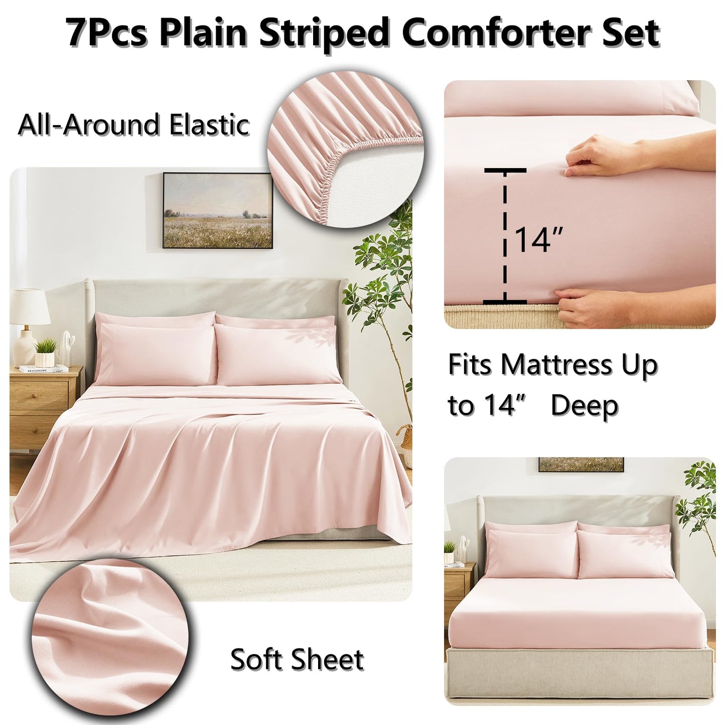 CozyLux Queen Comforter Set Blush Pink, 7 Pieces Bed in a Bag, Pink Comforters Queen Size, All Season Bedding Sets with Stitch Quilted Comforter, Flat Sheet, Fitted Sheet, Pillowcases