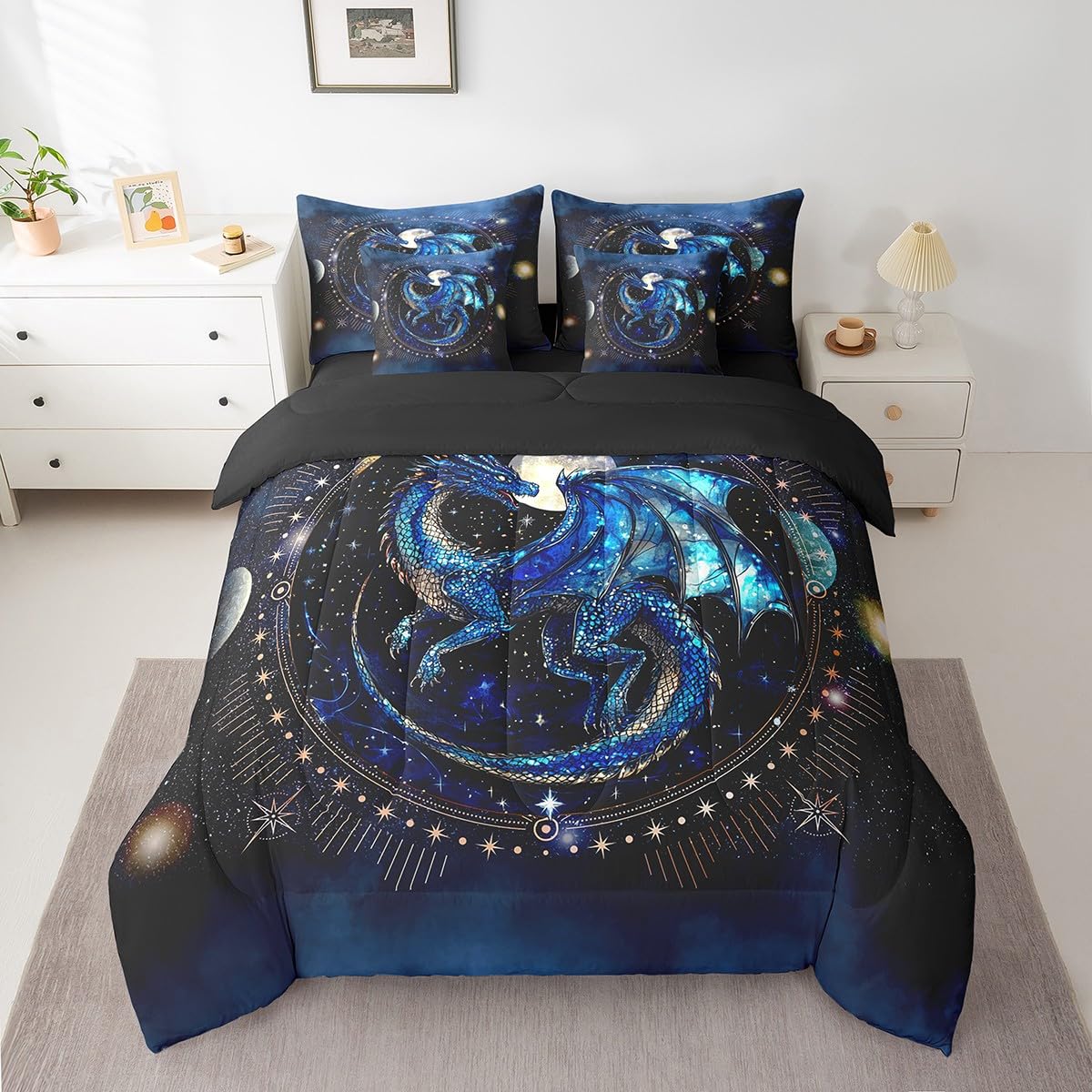 Feelyou Dragon Comforter Set with Sheets Twin Size Dragon Stuff Bed in a Bag for Boys Girls Teens Luxury 7 Pieces Bedding Set Dragon Decor Bed Set Room Decor Blue Black