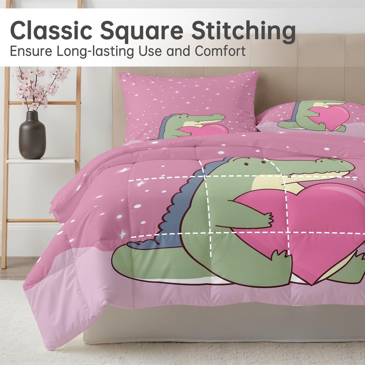 Alligator Comforter Set Twin Size 2 Pcs - All Season Comforter & Pillowcase, Crocodile Bedding Set, Soft Lightweight Down Alternative Duvet Insert, Girls Pink Valentines Day Bedroom Decor